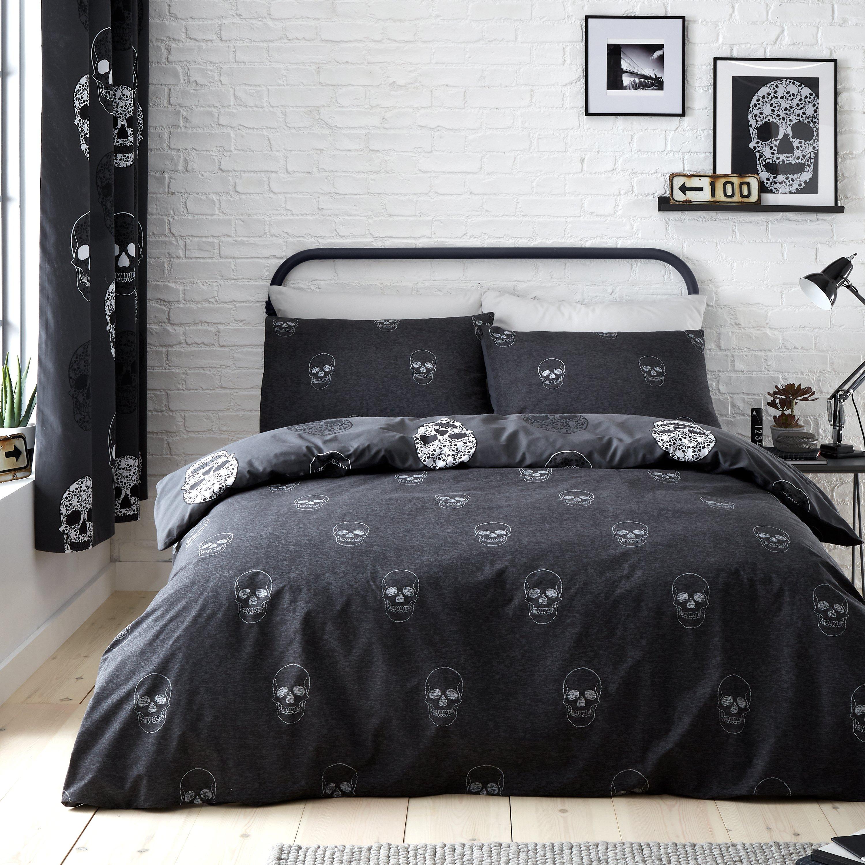 Grey - Catherine Lansfield - Skulls Reversible Duvet Cover Set - 2