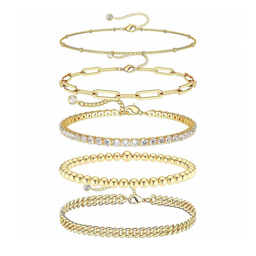 Gold - SHEONLY - 5PCS 14K Gold Plated Stacking Bracelets Set - 8