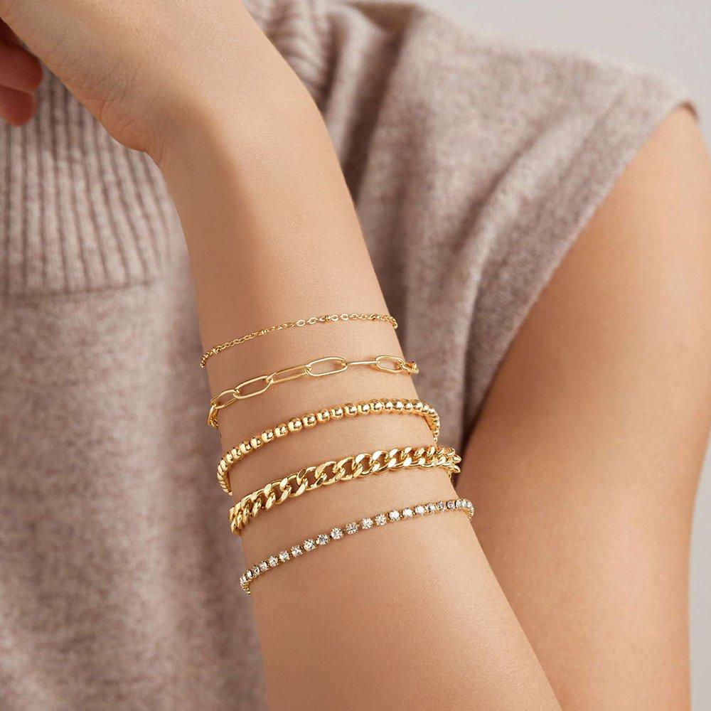 Gold - SHEONLY - 5PCS 14K Gold Plated Stacking Bracelets Set - 9