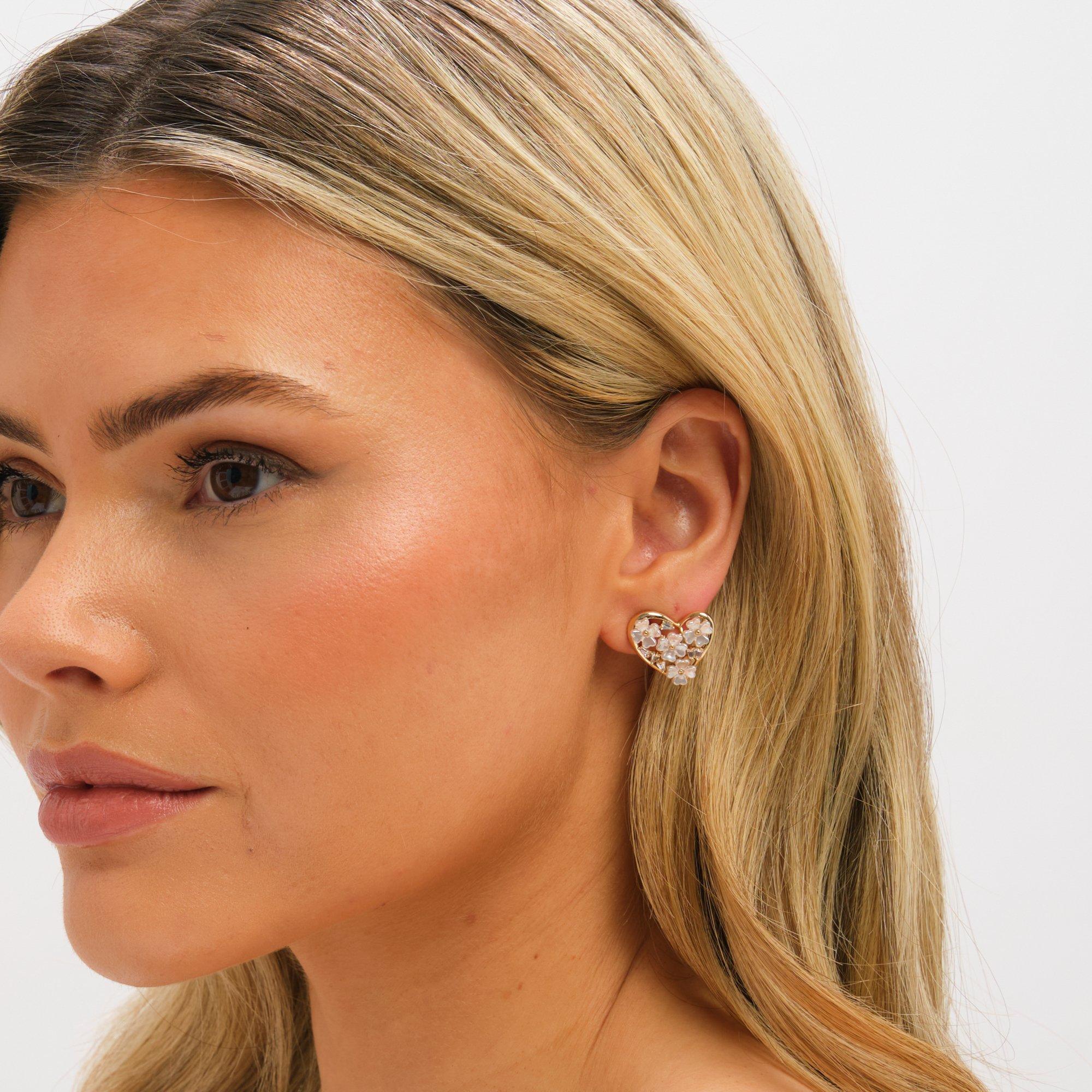 Gold - Jon Richard - Gold Plated Floral Encrusted Heart Clip Earrings - 2