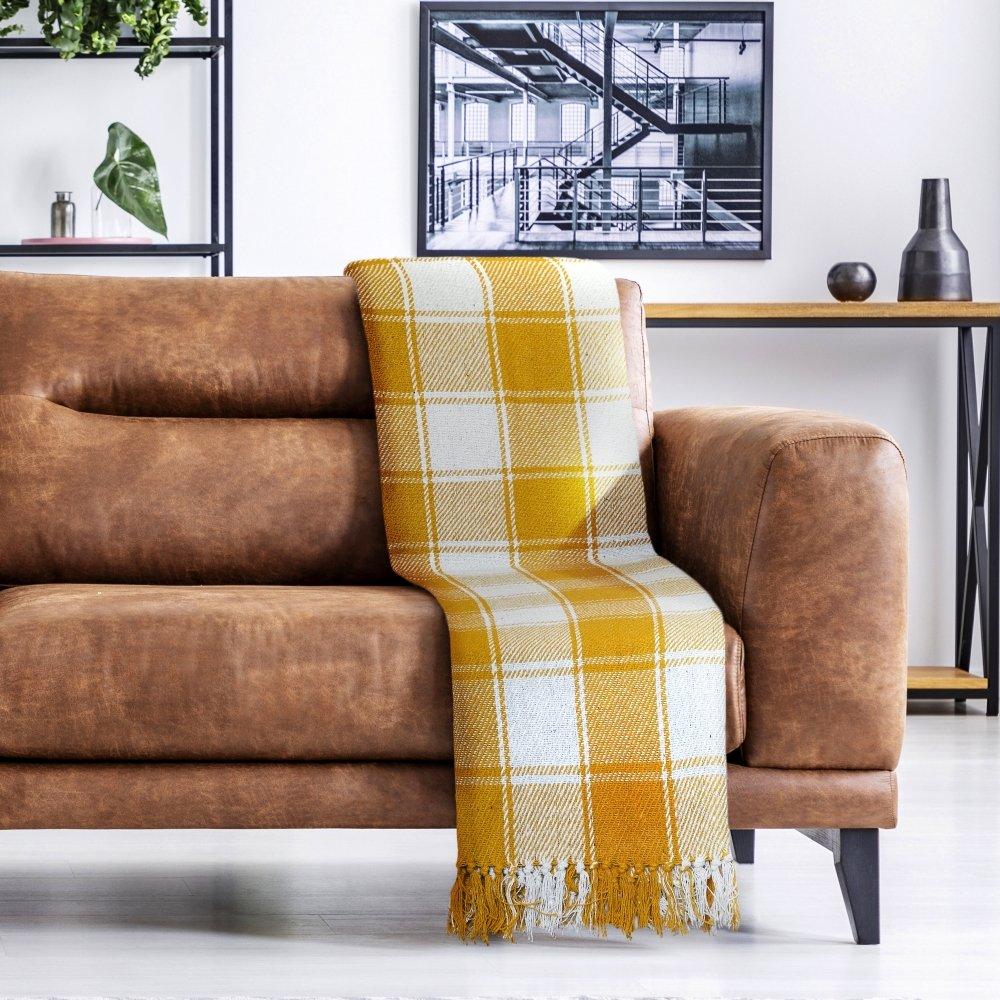 Ochre Yellow - Emma Barclay - Throw Blanket Cotton Check Design Frisco - 6