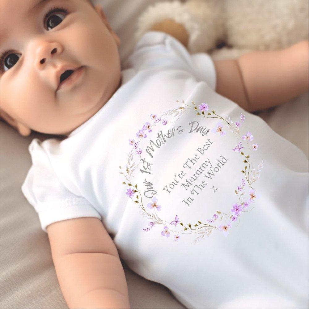 White - Aye Do Gifts - Our 1st Mothers Day Pretty Flowers Baby Vest 4466 - 1