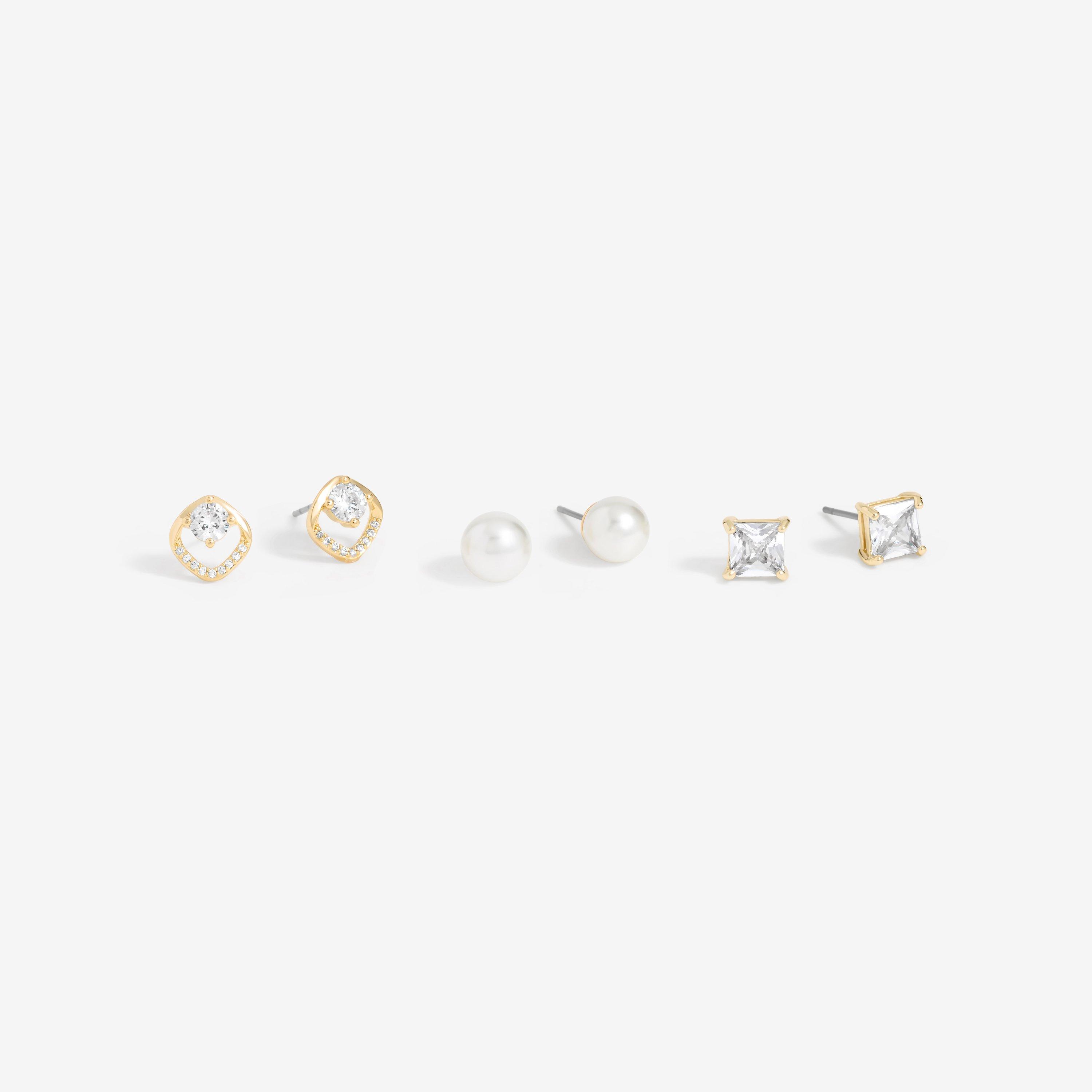 Gold - Mood - Gold Pearl Crystal Core Stud Earrings - Pack Of 3 - 1