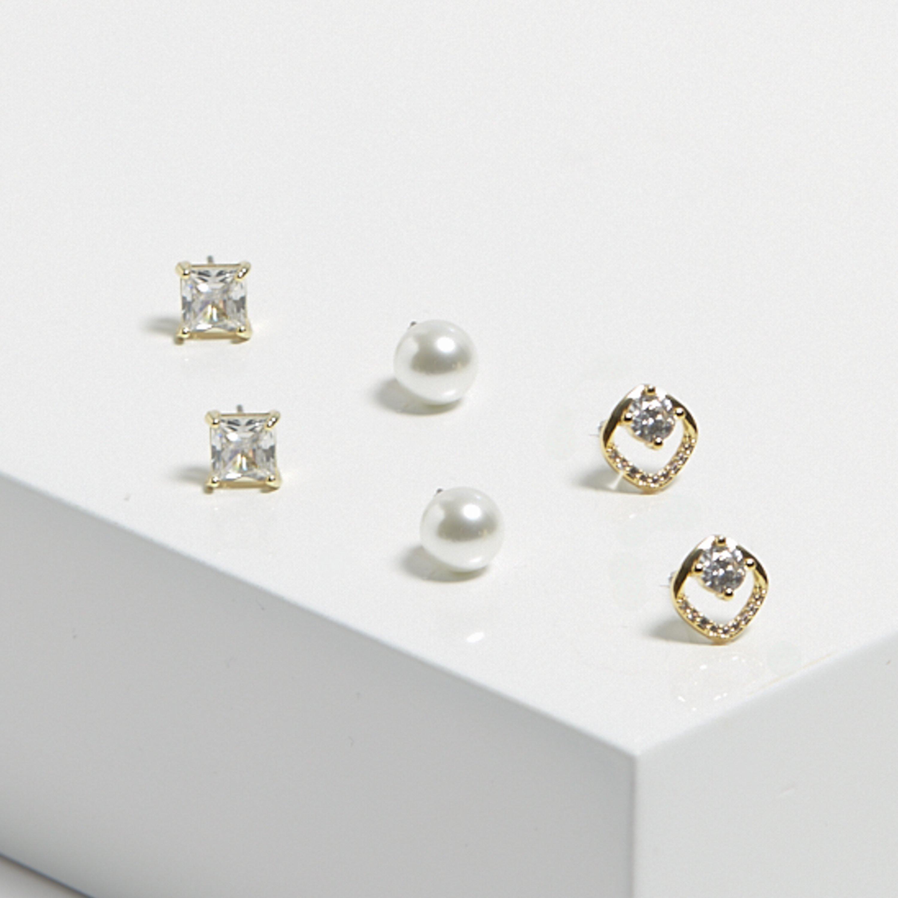 Gold - Mood - Gold Pearl Crystal Core Stud Earrings - Pack Of 3 - 2