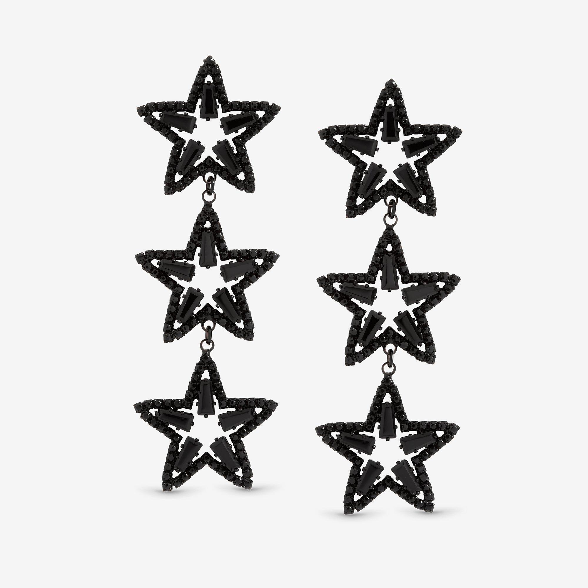 Silver - Mood - Jet Crystal Triple Star Statement Drop Earrings - 1