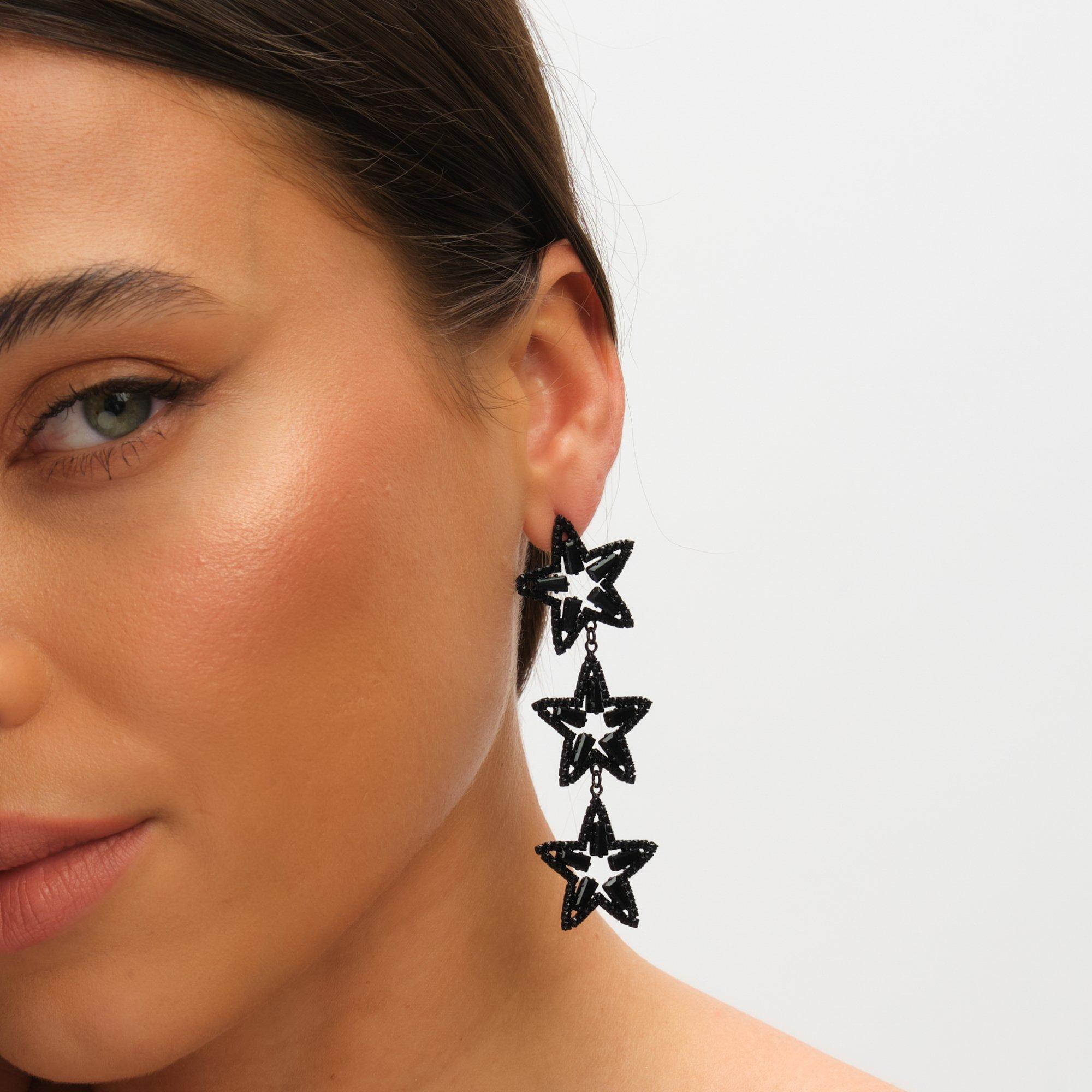 Silver - Mood - Jet Crystal Triple Star Statement Drop Earrings - 3