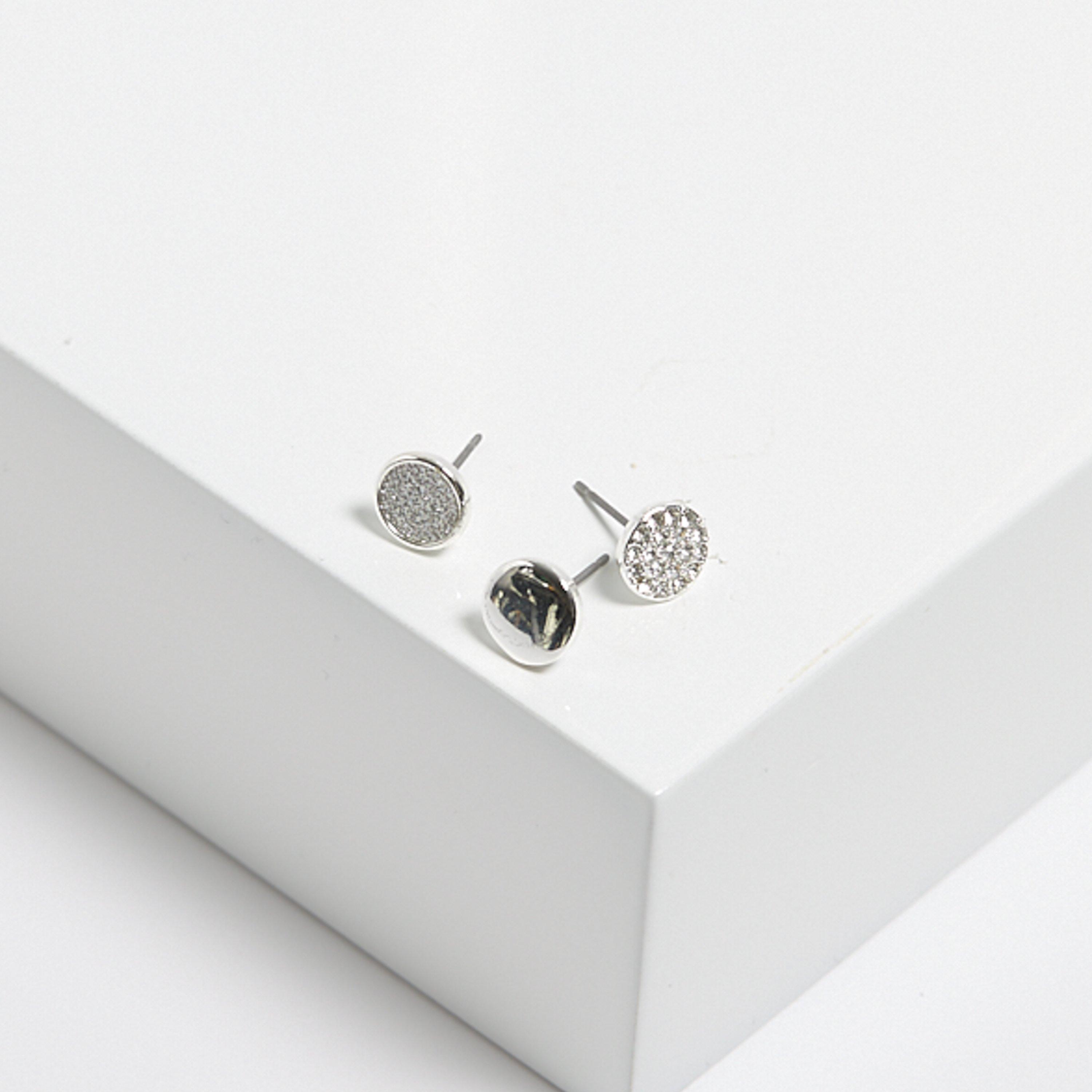Silver - Mood - Silver Crystal Round Stud Earrings - Pack Of 3 - 2