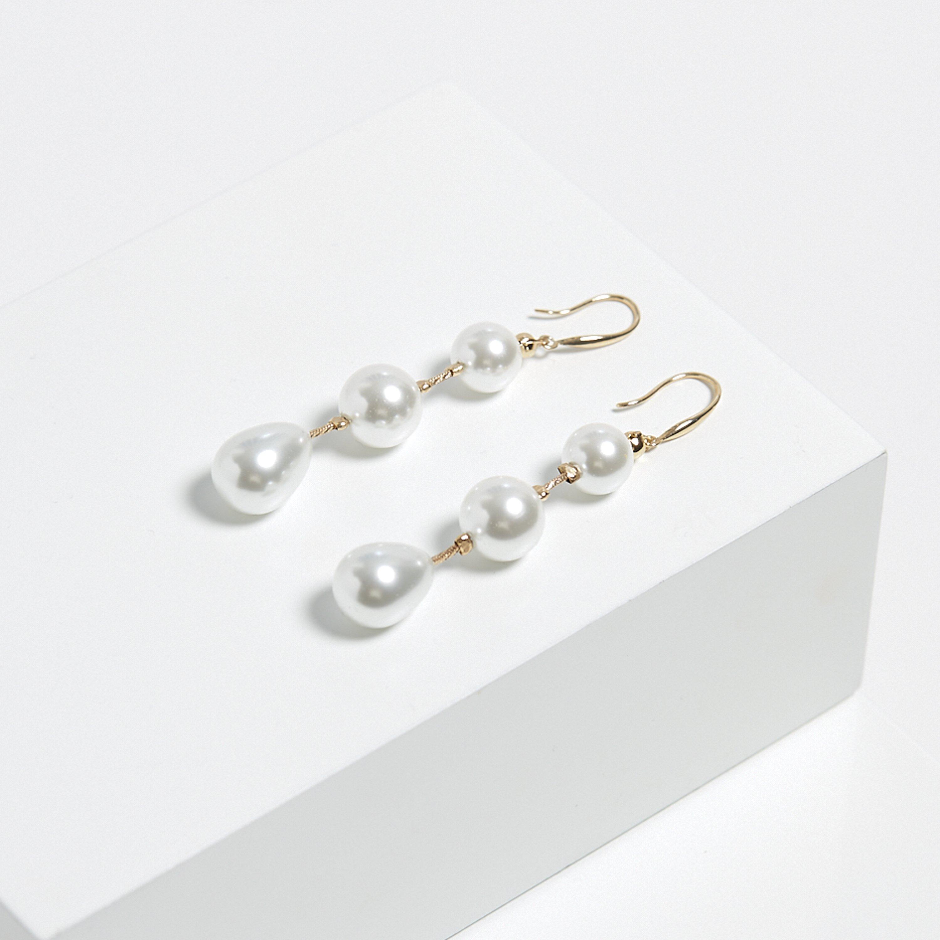 Gold - Mood - Gold Pearl Linear Three Drop Earrings - 2