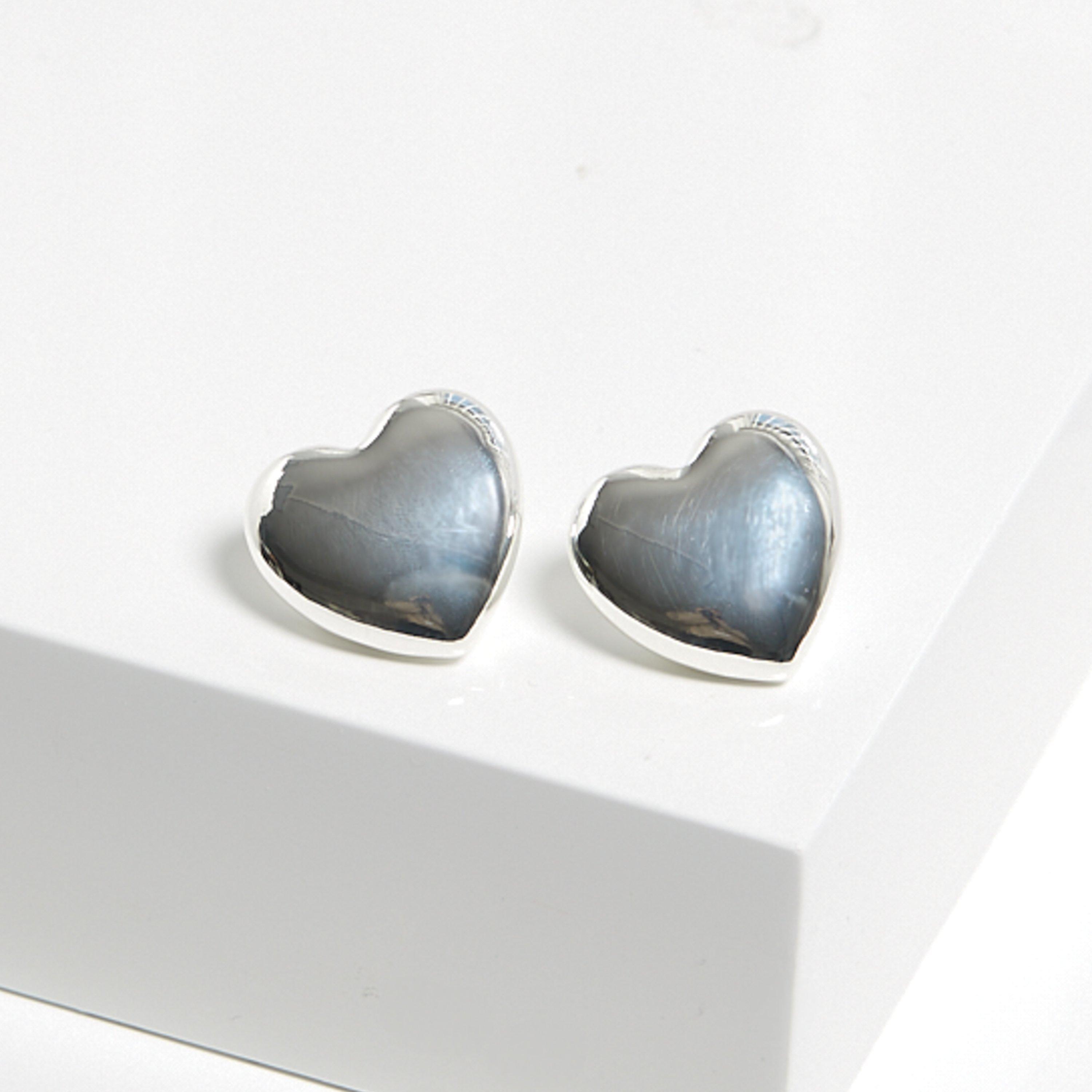 Silver - Mood - Silver Polished Puffed Heart Stud Earrings - 2