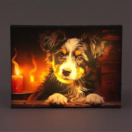 Snowtime 40cm LED Lit Canvas featuring a Dog and Candle