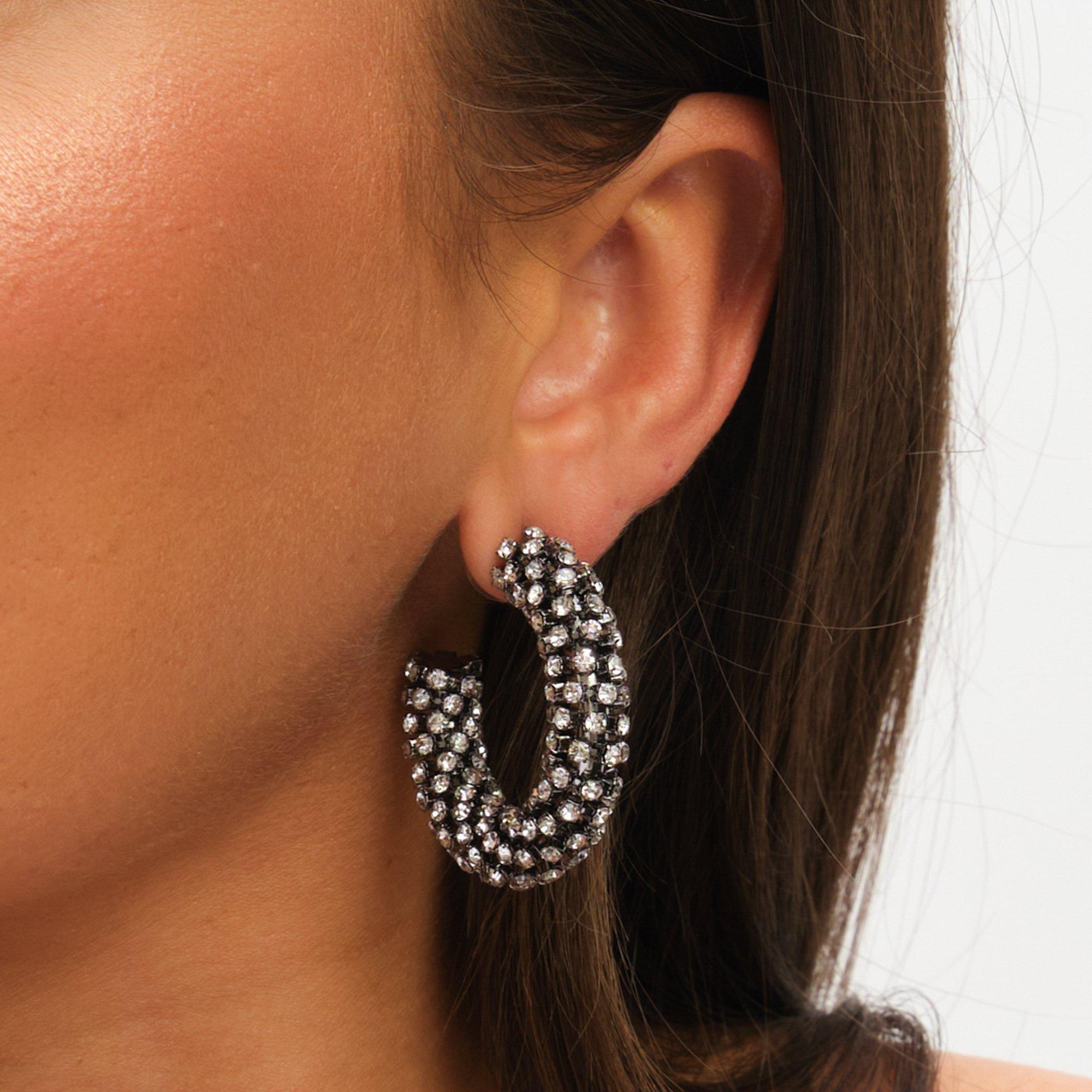 Black - Mood - Black Crystal Chubby Hoop Earrings - 2