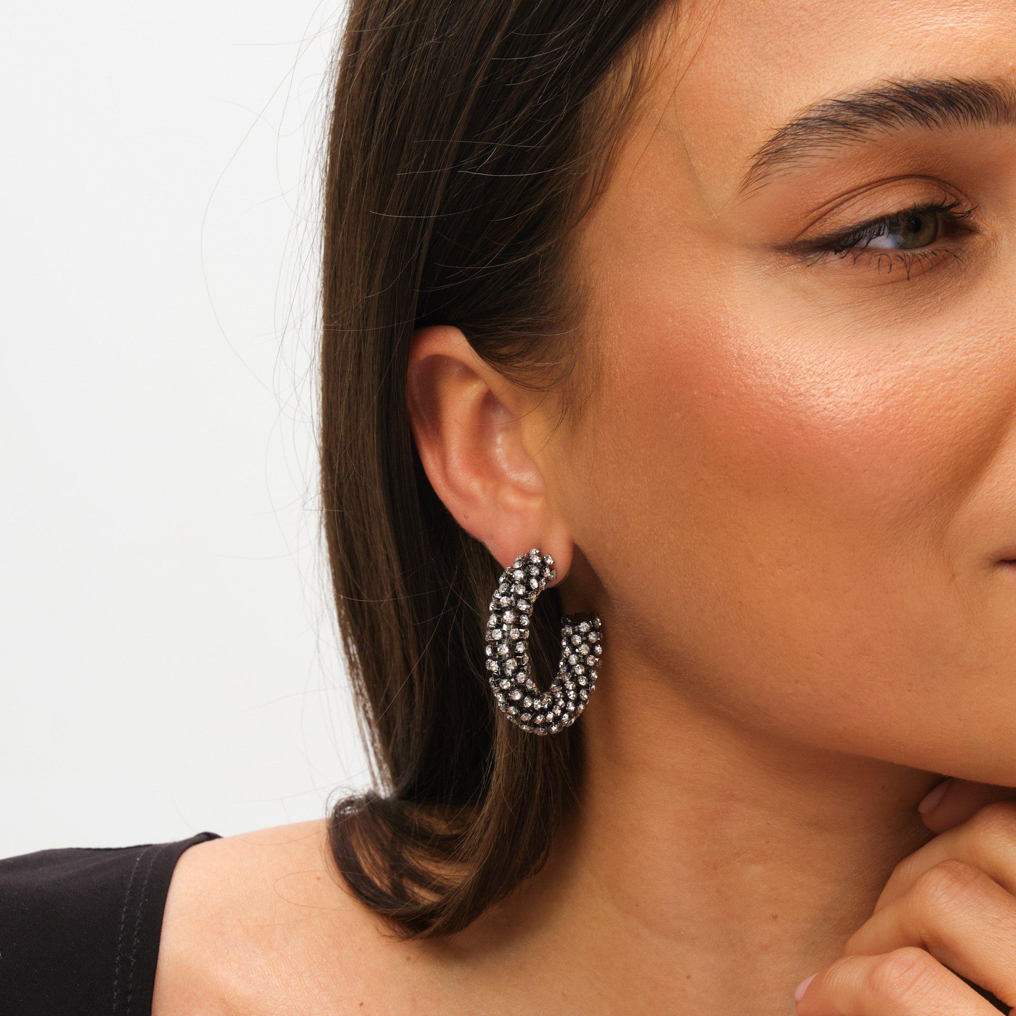 Black - Mood - Black Crystal Chubby Hoop Earrings - 3