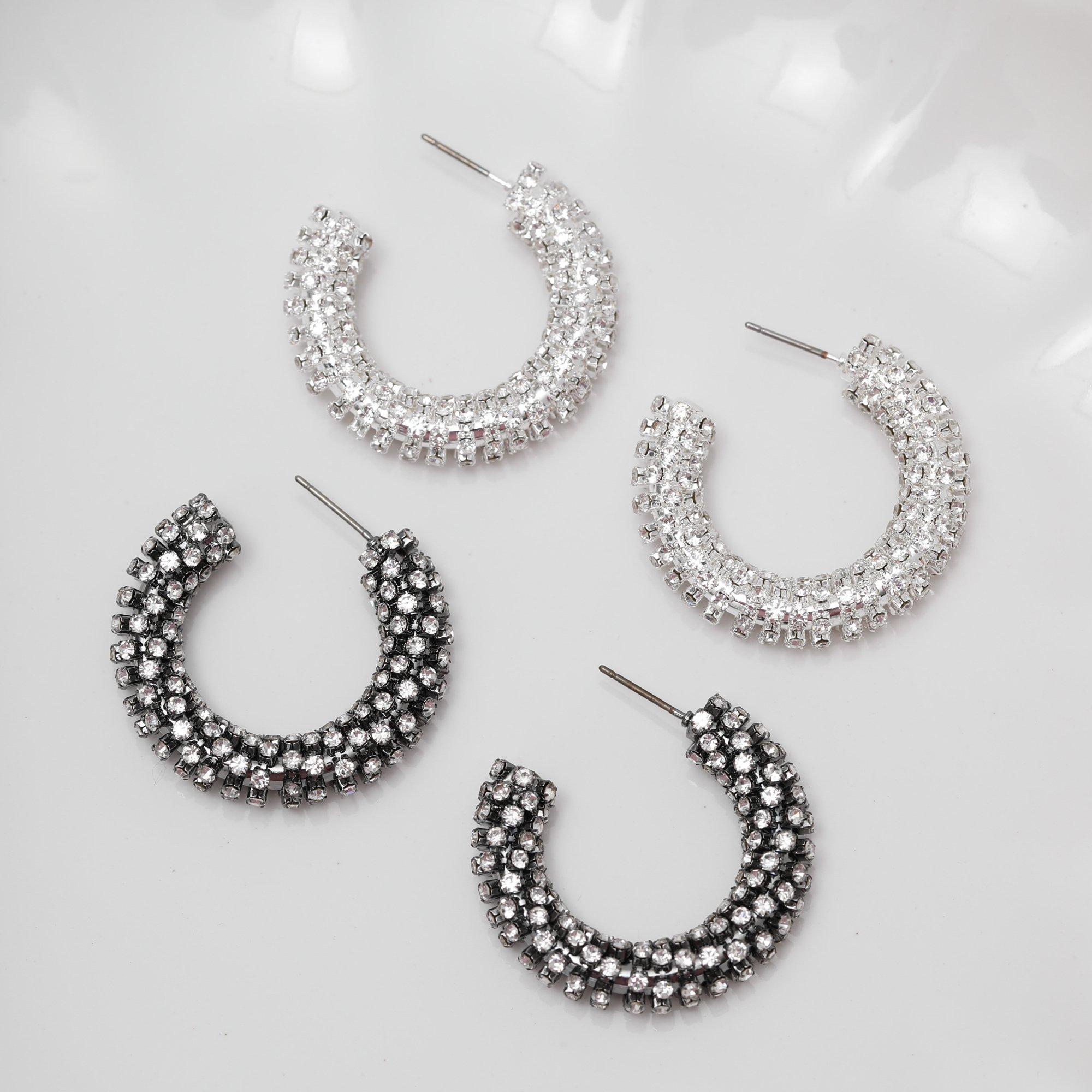 Black - Mood - Black Crystal Chubby Hoop Earrings - 4