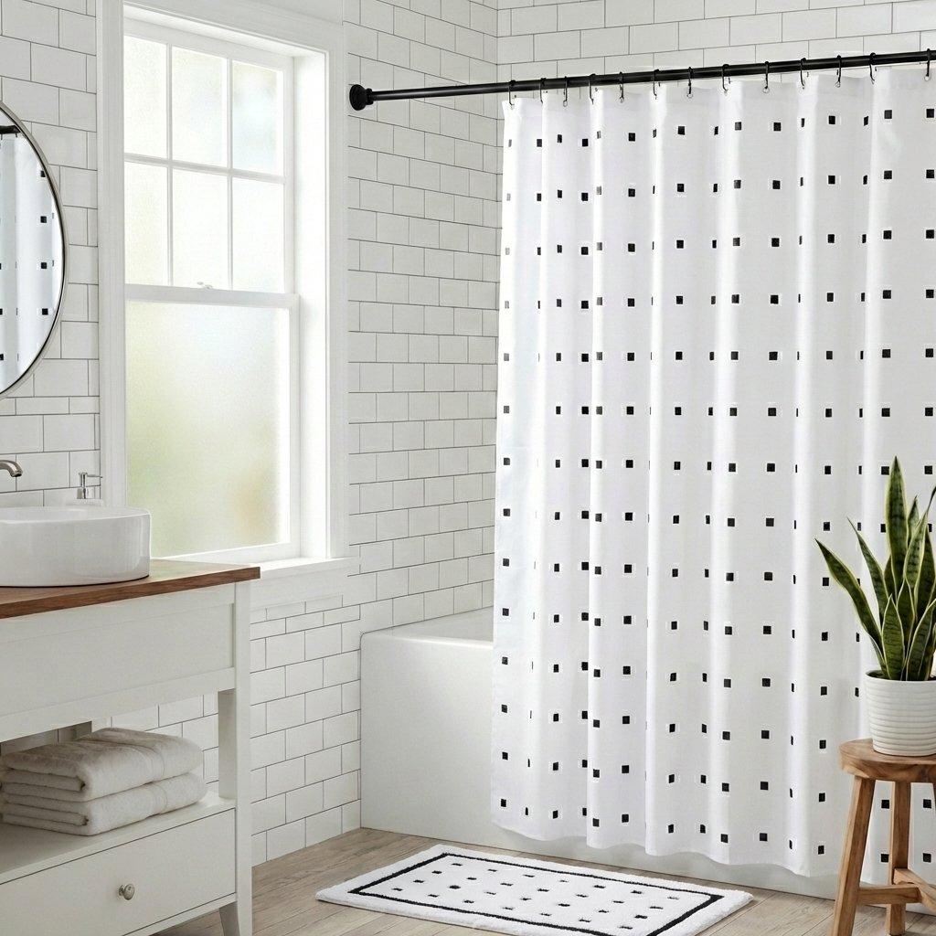 White/Black - Croydex - Black Square Print Shower Curtain - 1