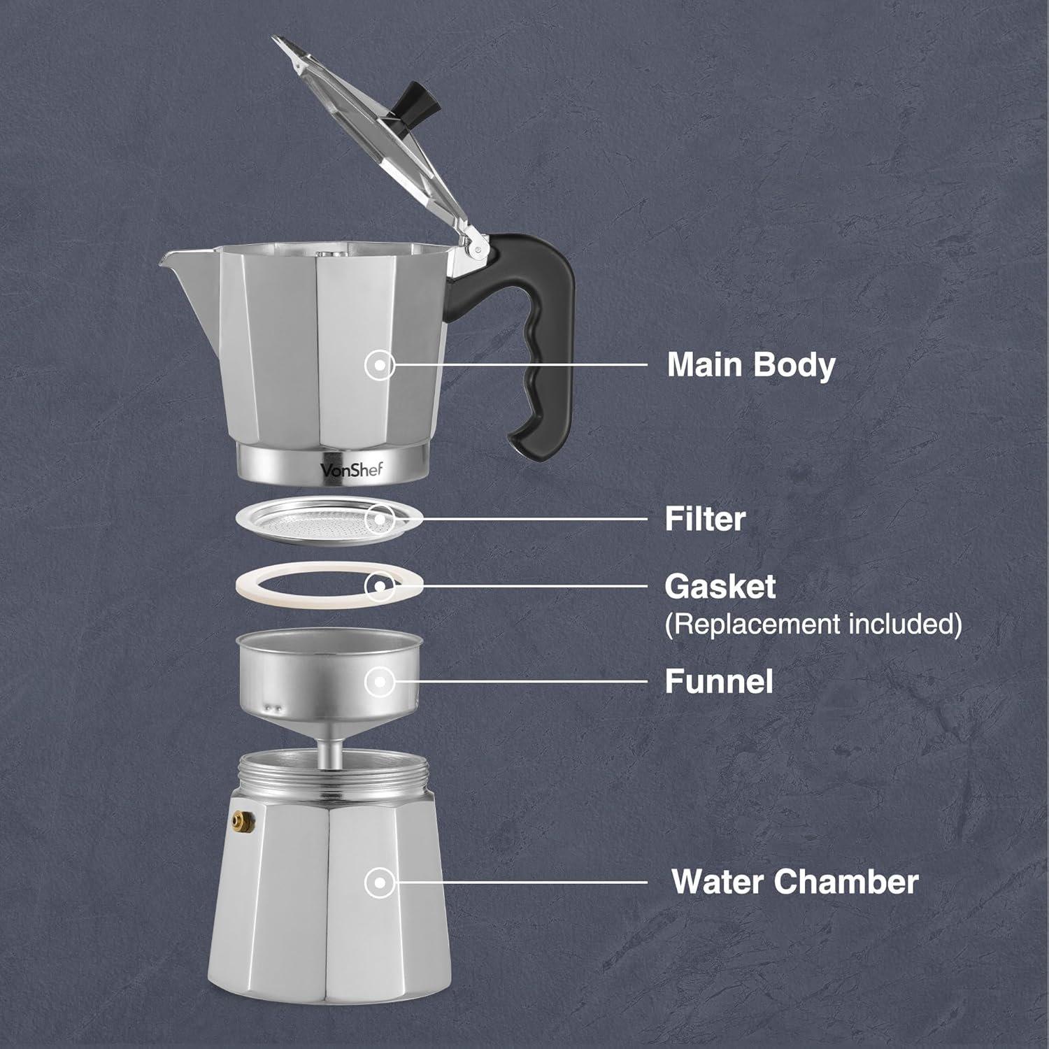 Silver - VonShef - VonShef Stovetop Coffee Maker Aluminium - 4