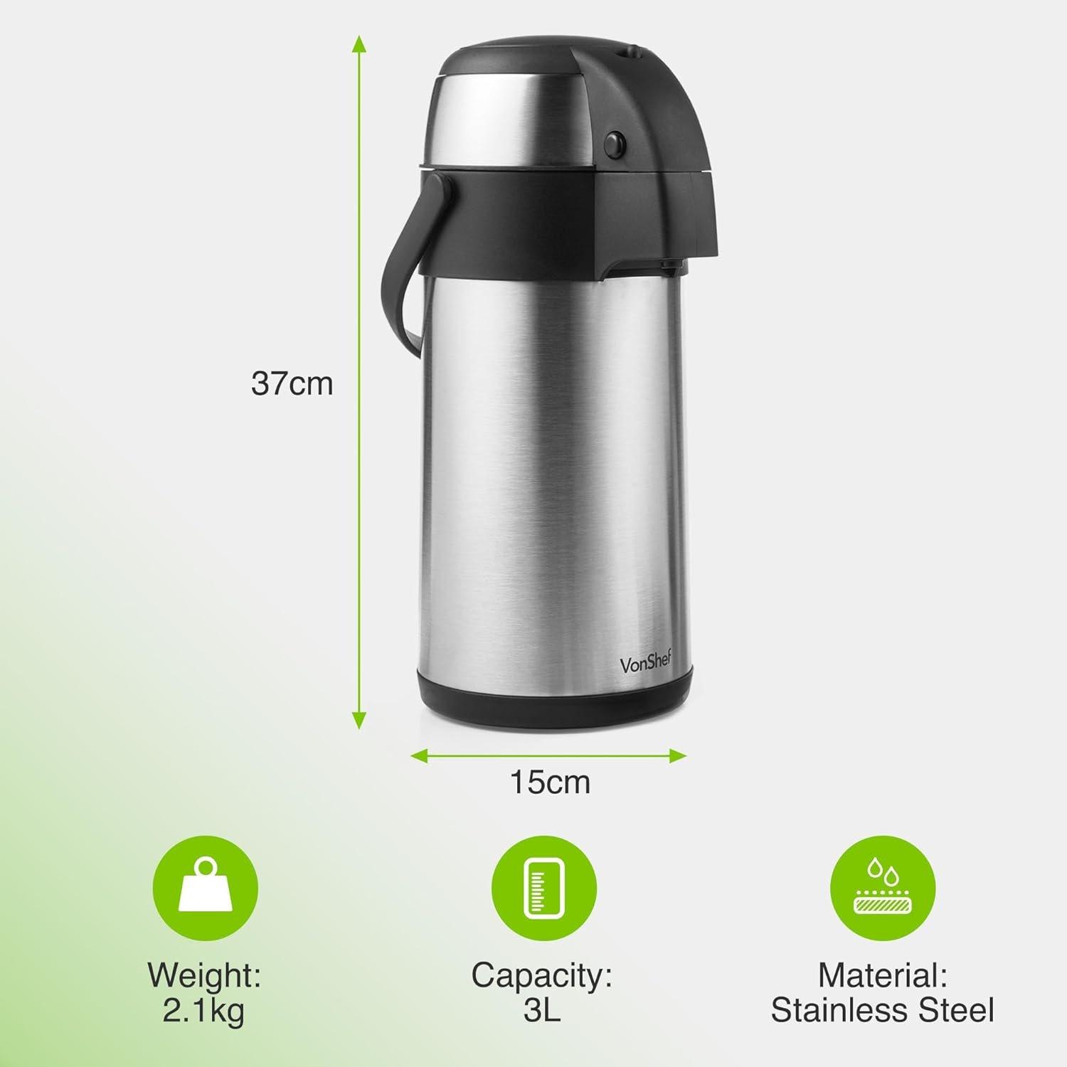 Silver - VonShef - VonShef Airpot, 3L Stainless Steel Coffee Dispense - 5
