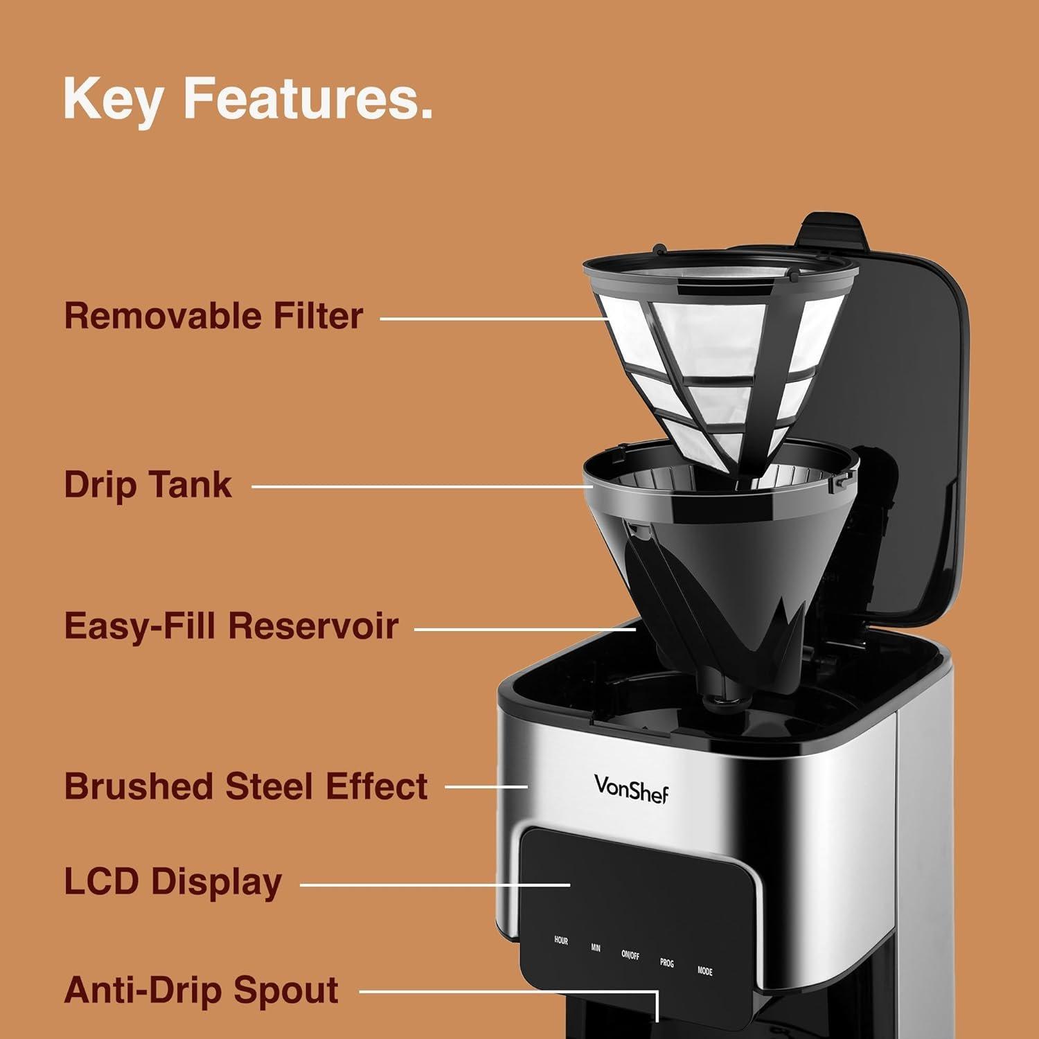 Silver - VonShef - VonShef Filter Coffee Machine - 1.5L Drip Coffee - 3