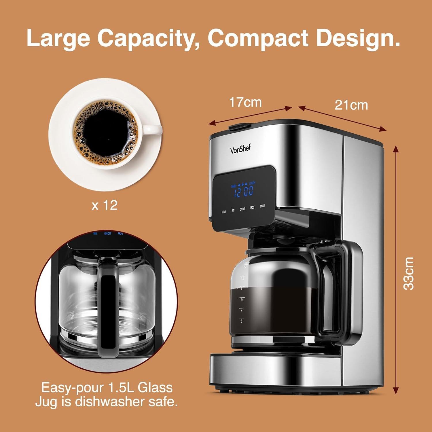 Silver - VonShef - VonShef Filter Coffee Machine - 1.5L Drip Coffee - 6
