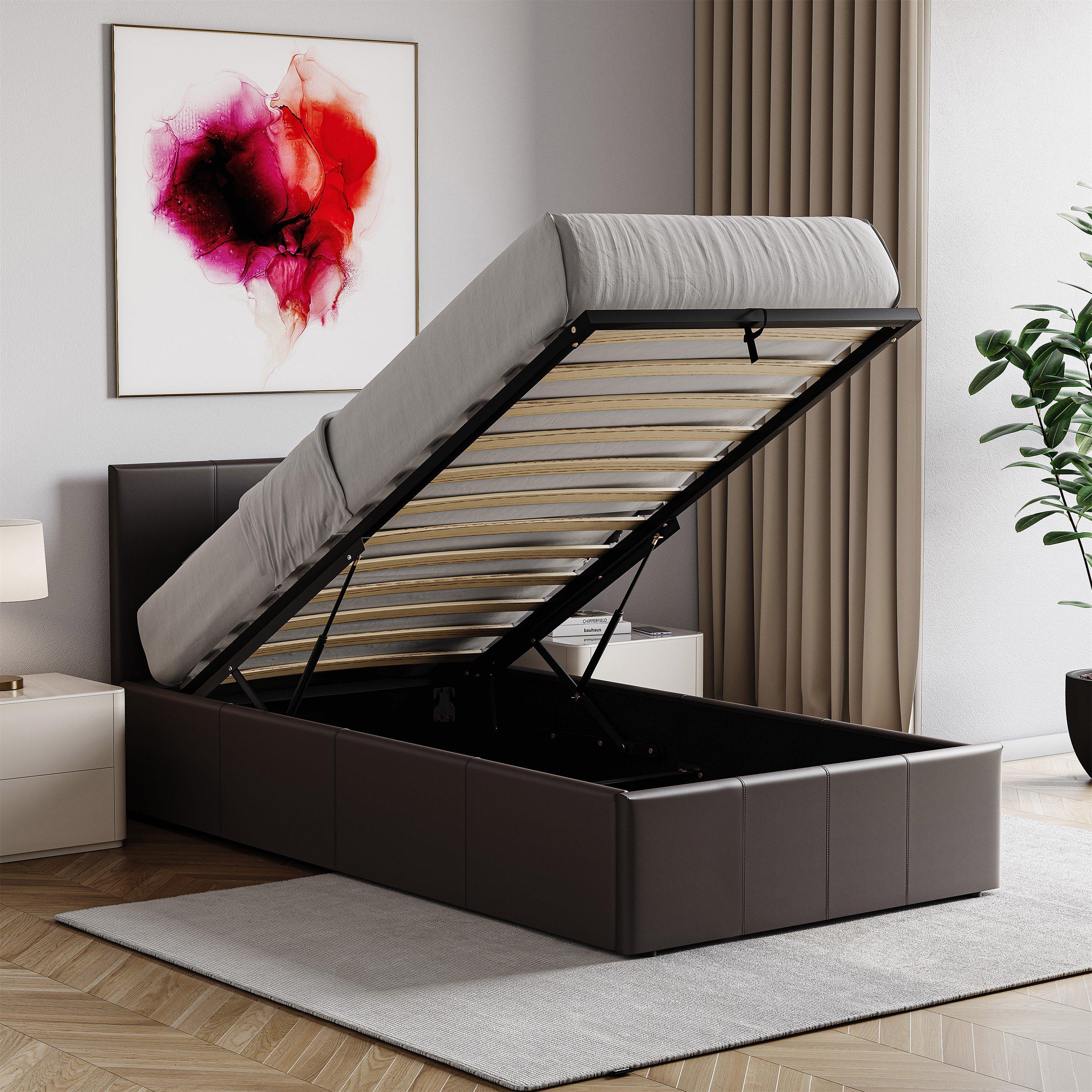 Brown - Lassic - Lisbon Single Faux Leather Ottoman Bed & Mattress - 3