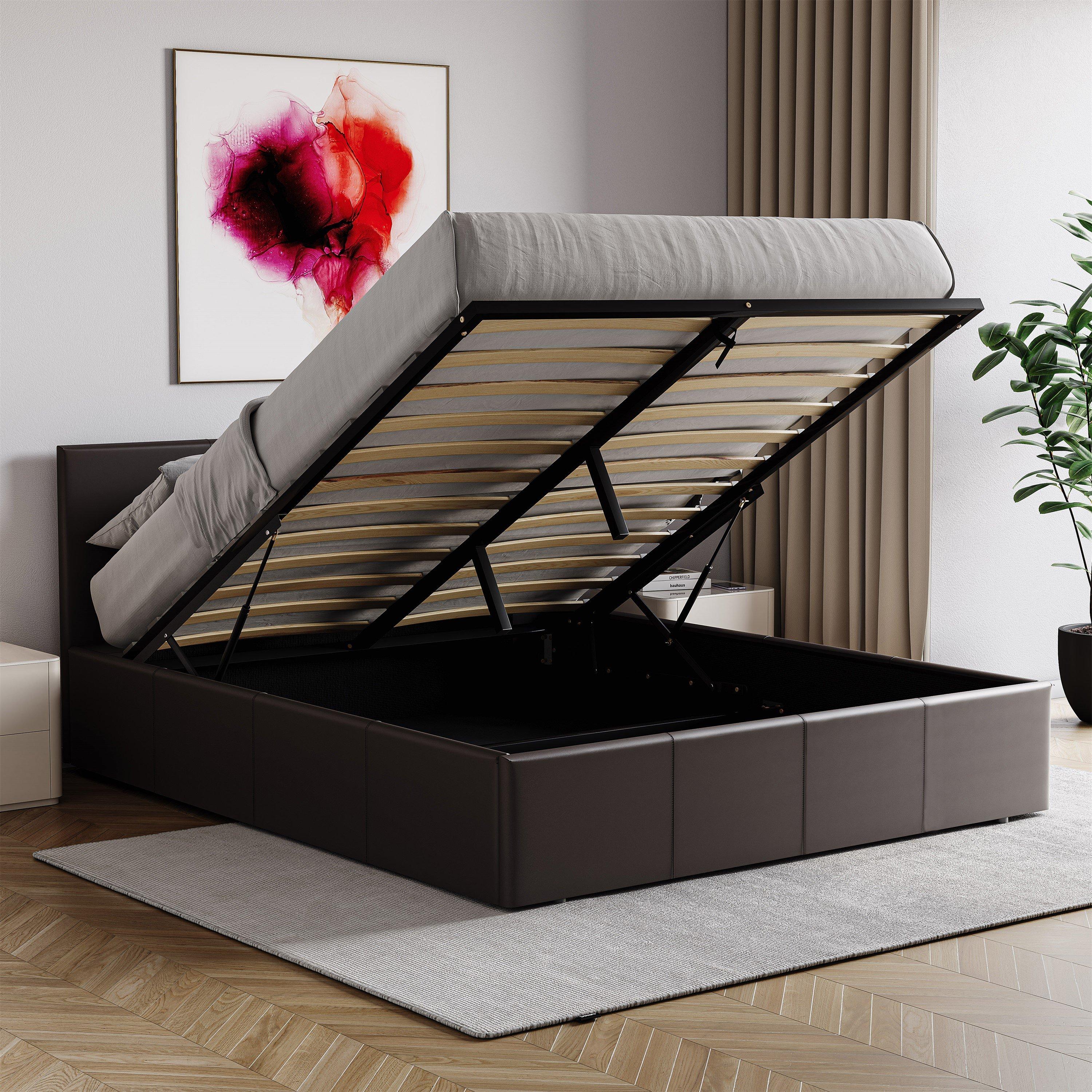 Brown - Lassic - Lisbon Double Ottoman Faux Leather Bed & Mattress - 3