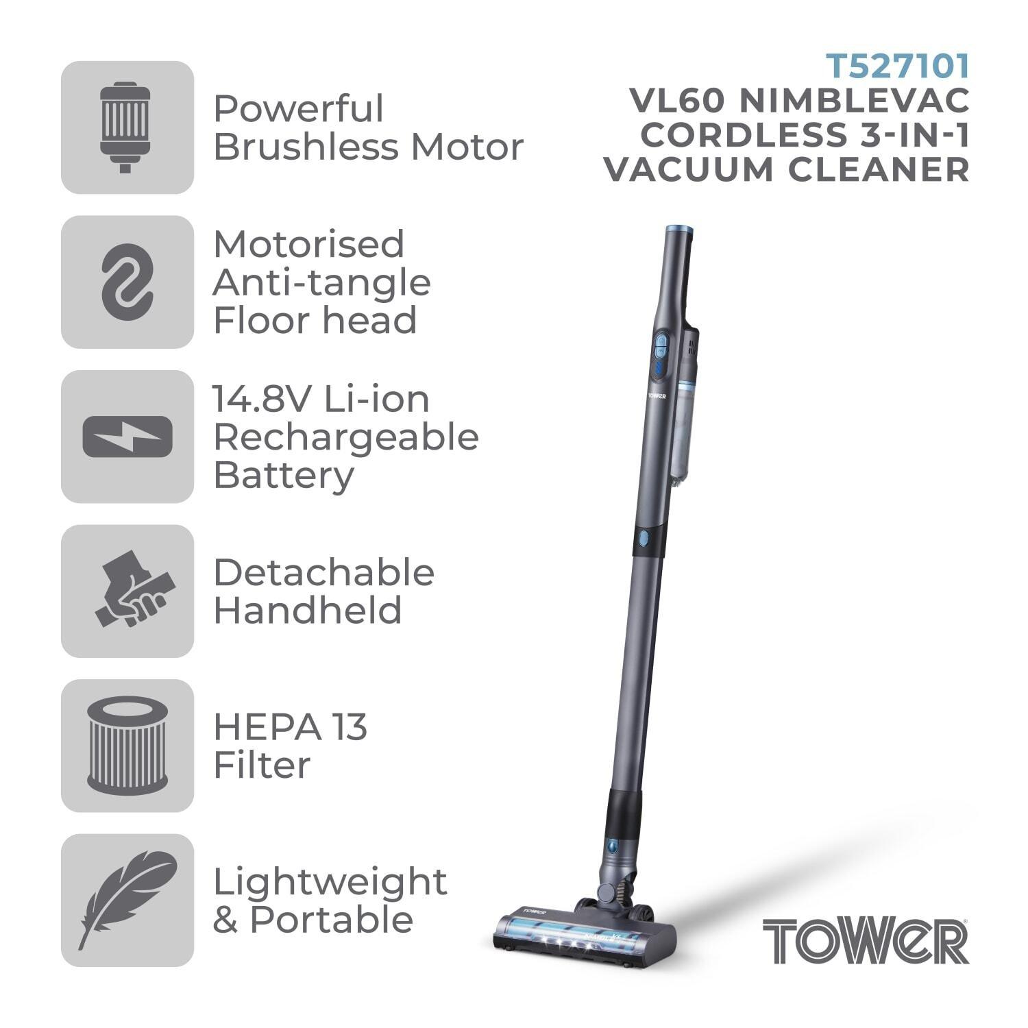 Black - Tower - Tower VL60 NimbleVac Cordless Vacuum with Brushless - 2