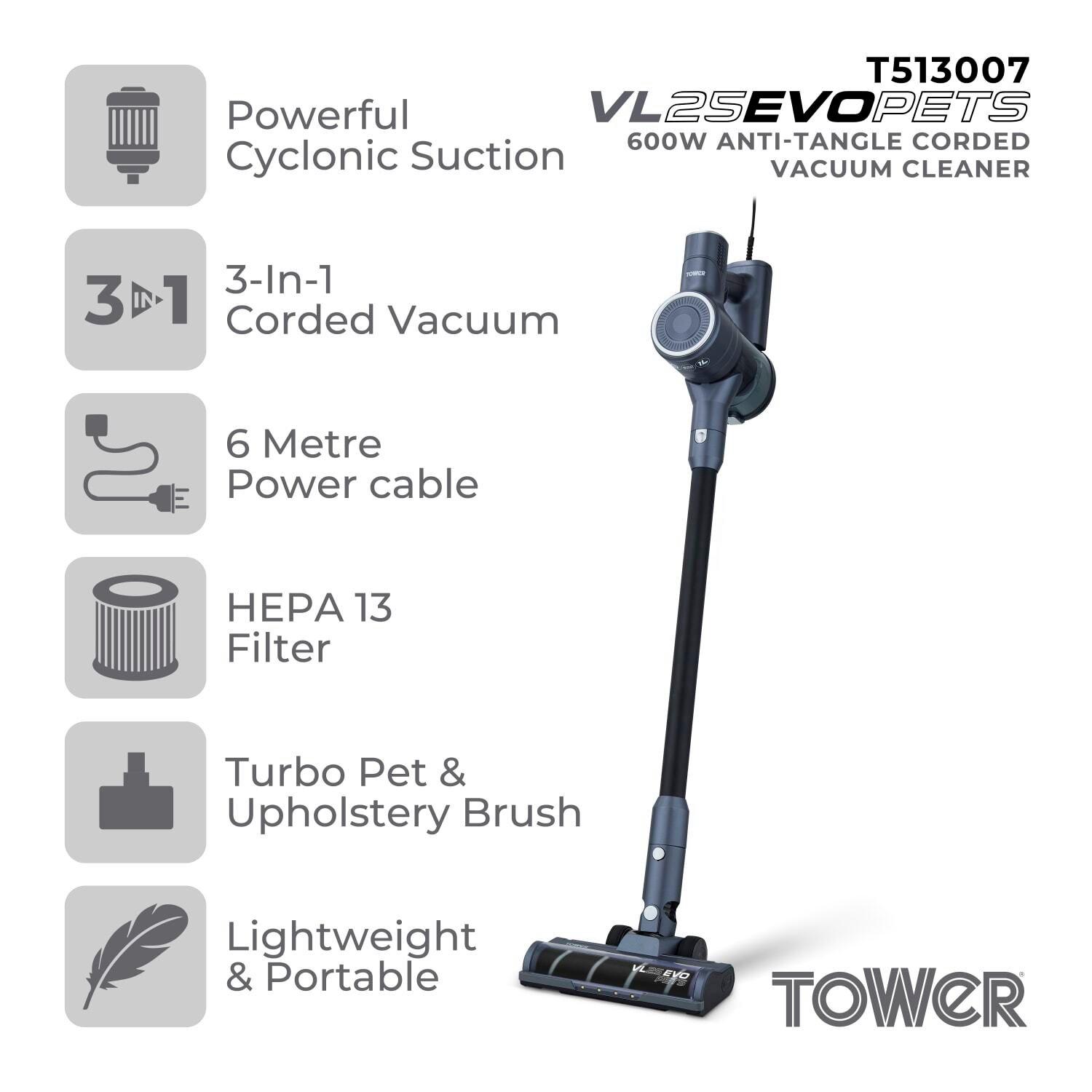Black & Silver - Tower - Tower VL25 Pet Anti-Tangle Corded Stick Vacuum Cleaner - 2