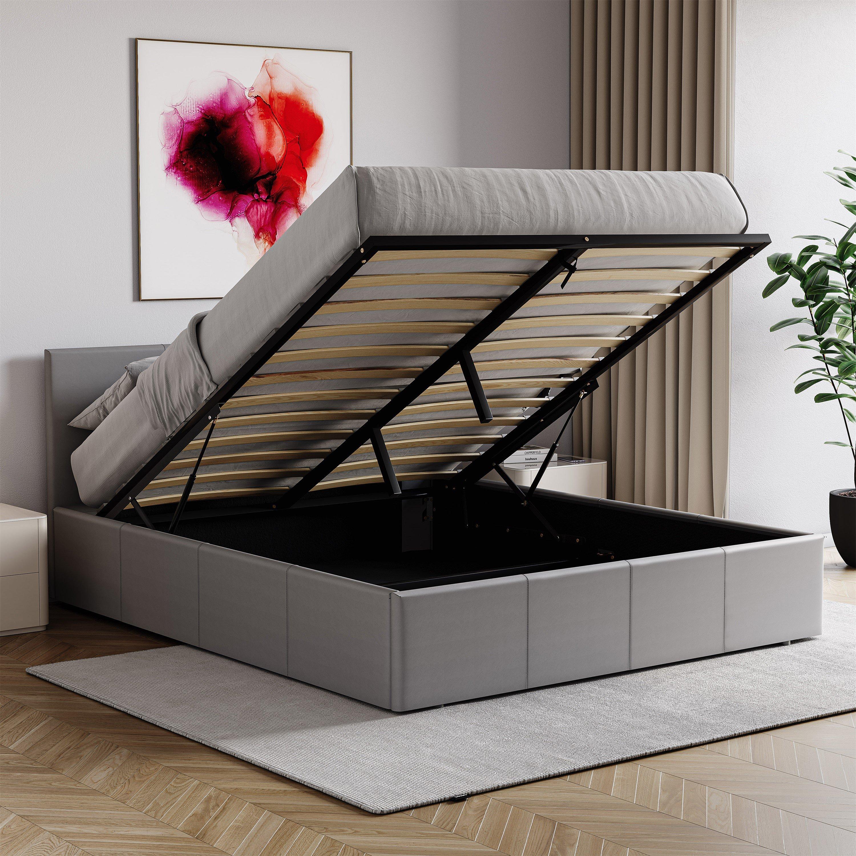 Grey - Lassic - Lisbon King Ottoman Faux Leather Bed & Mattress - 3