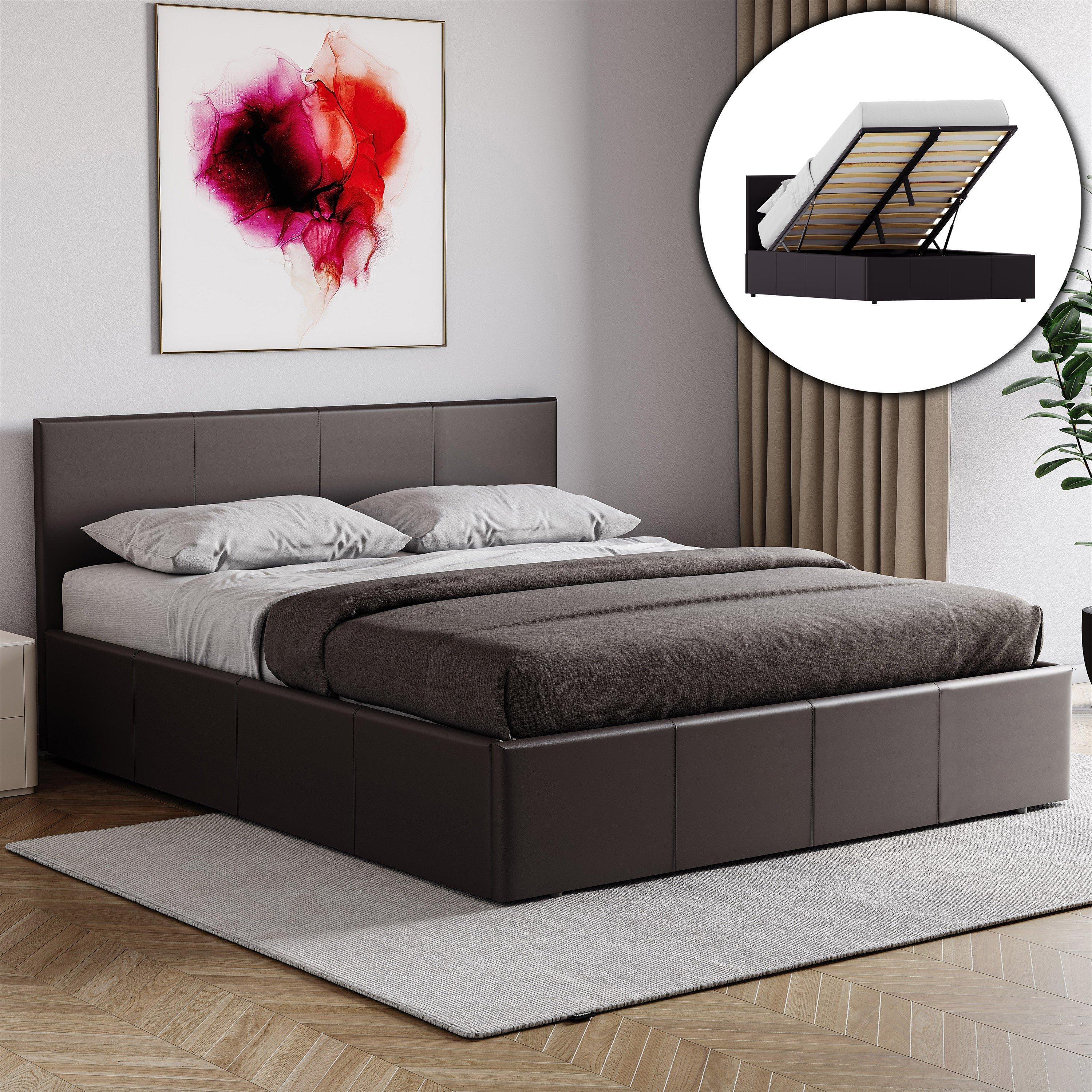 Brown - Lassic - Lisbon King Ottoman Faux Leather Bed & Mattress - 1