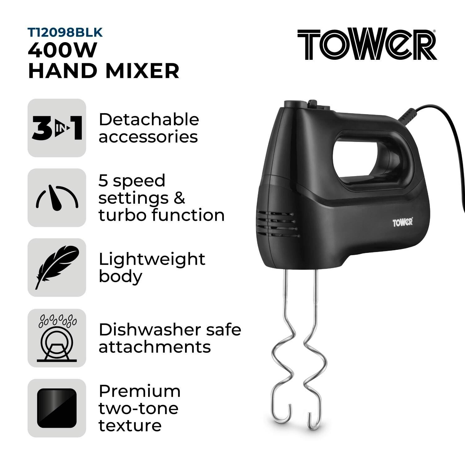 Black - Tower - Tower 400W Hand Mixer with 5 Speeds + Turbo Stain - 2