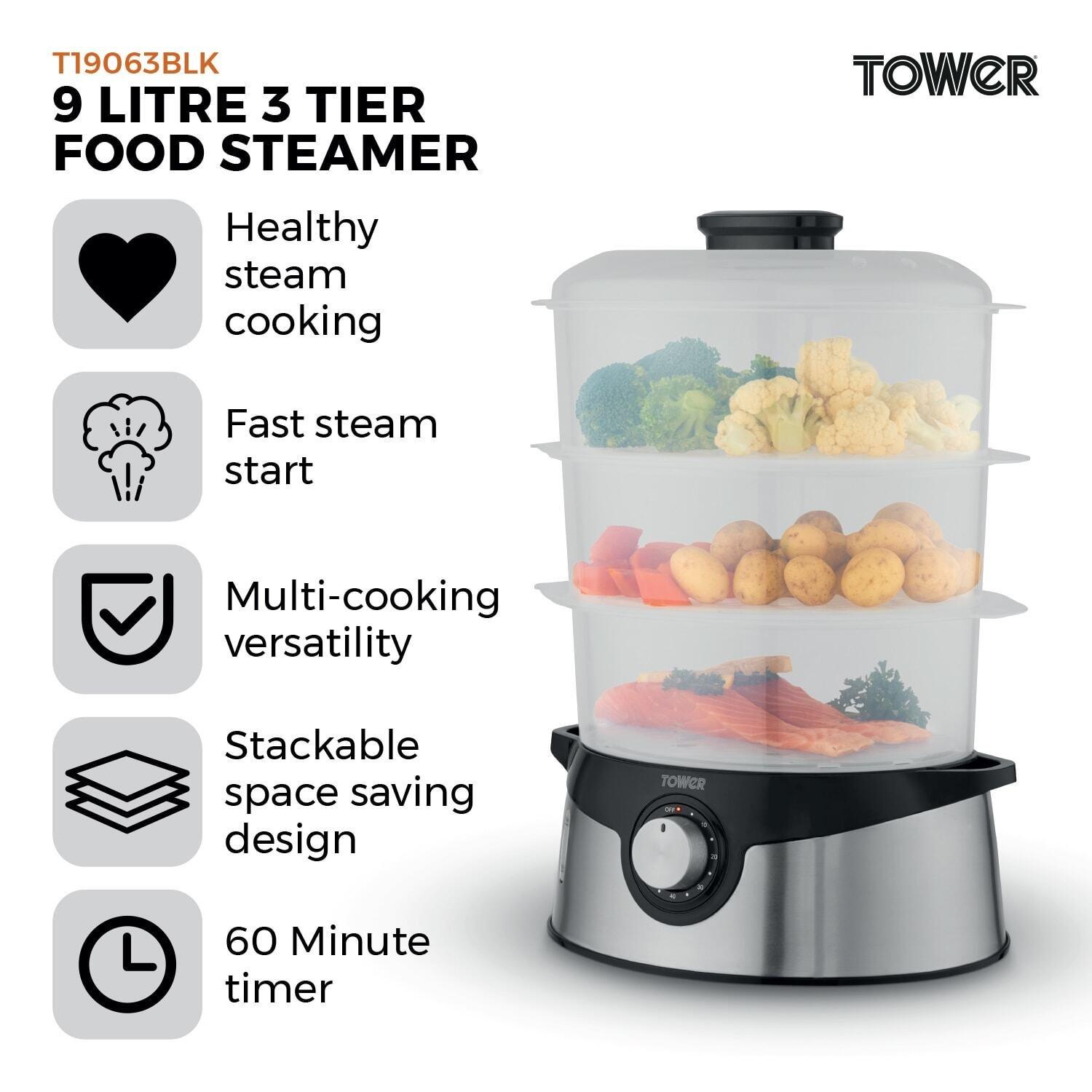 Black & Stainle - Tower - Tower 9L Three-Tier Food Steamer with BPA-Free - 2