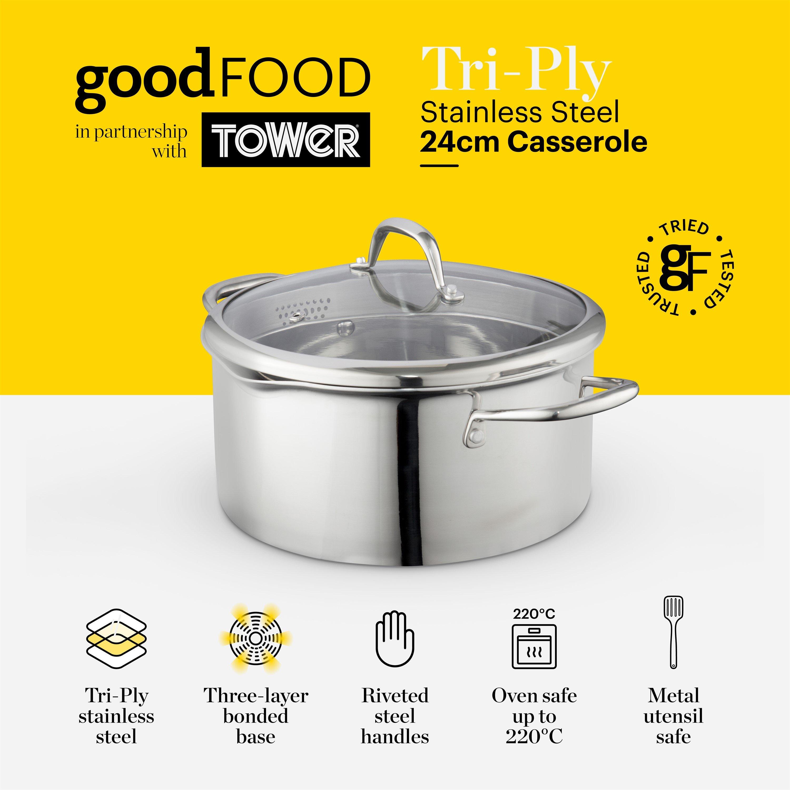 Stainless Steel - Good Food - Tri-Ply 24cm Casserole with Lid - 2