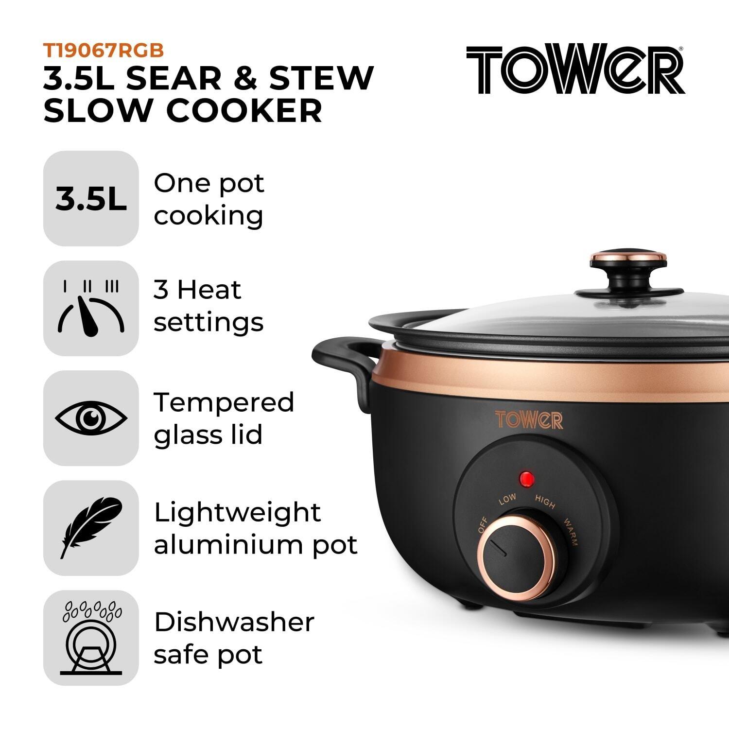 Black & Rose Go - Tower - Tower Sear & Stew 3.5L Slow Cooker with Aluminium - 2
