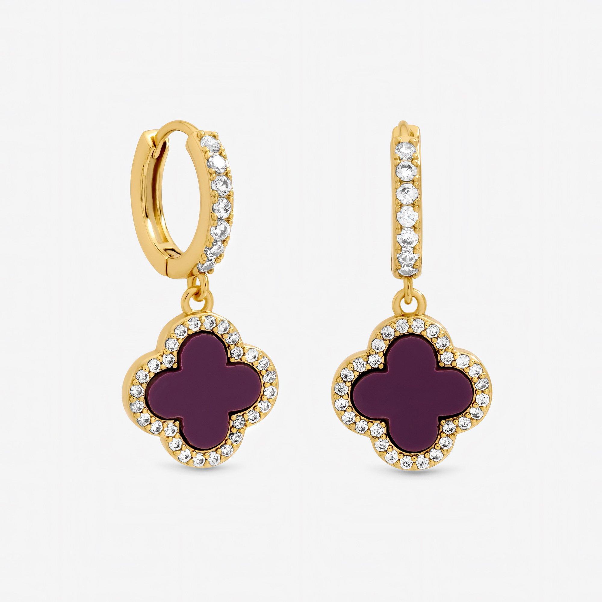 Gold - Jon Richard - Gold Plated and Purple Clover Huggie Earrings - 1