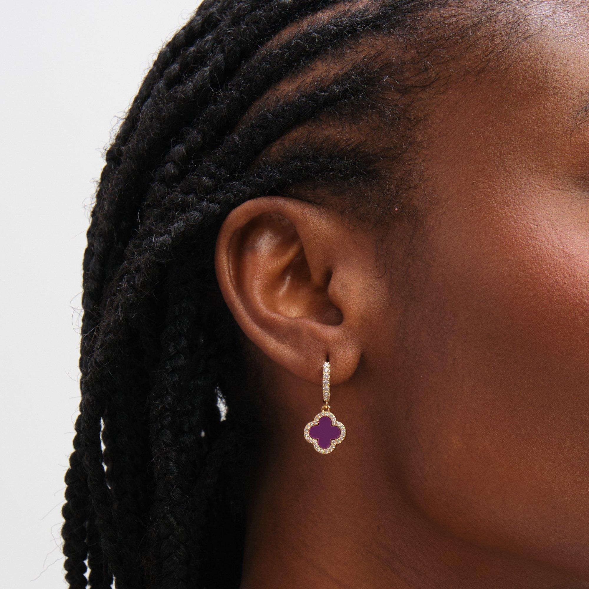 Gold - Jon Richard - Gold Plated and Purple Clover Huggie Earrings - 2