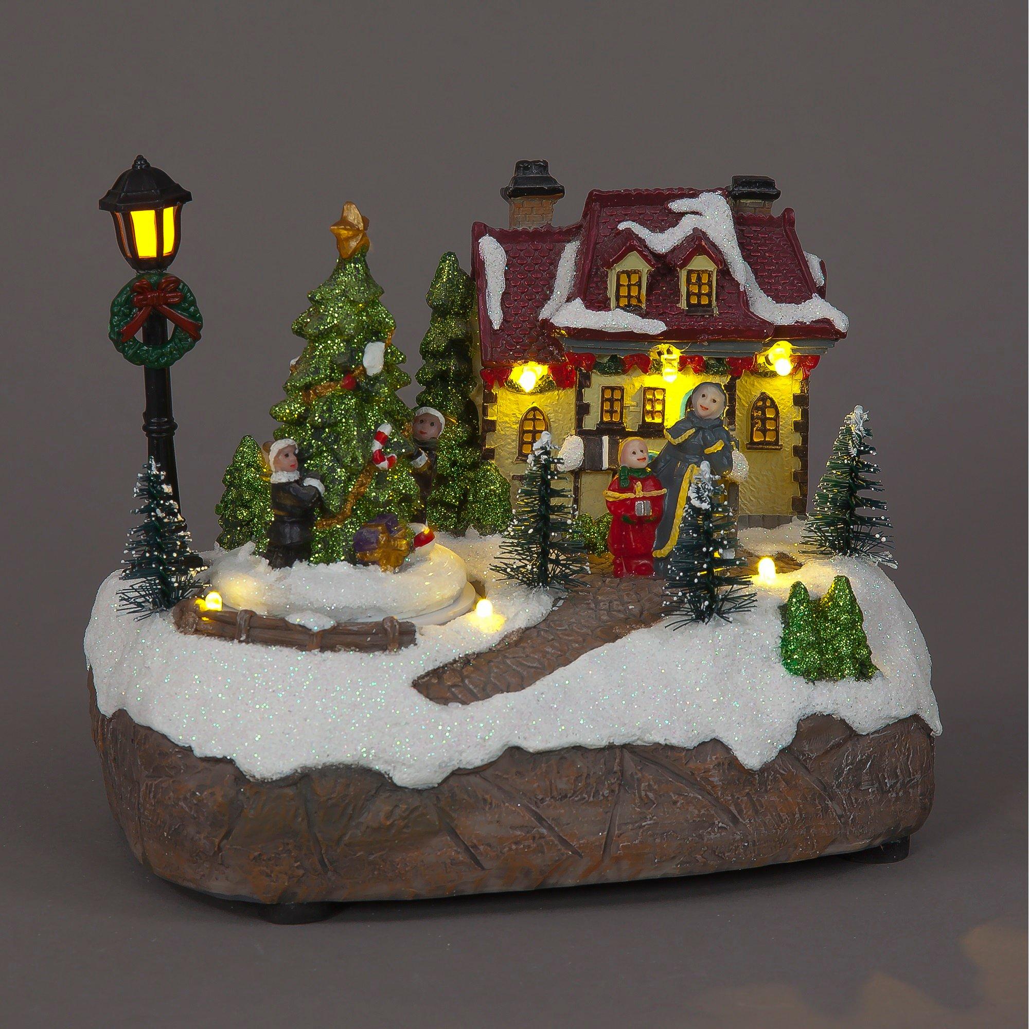 Multi - Snowtime - LED Lit House and Family with Rotating Tree