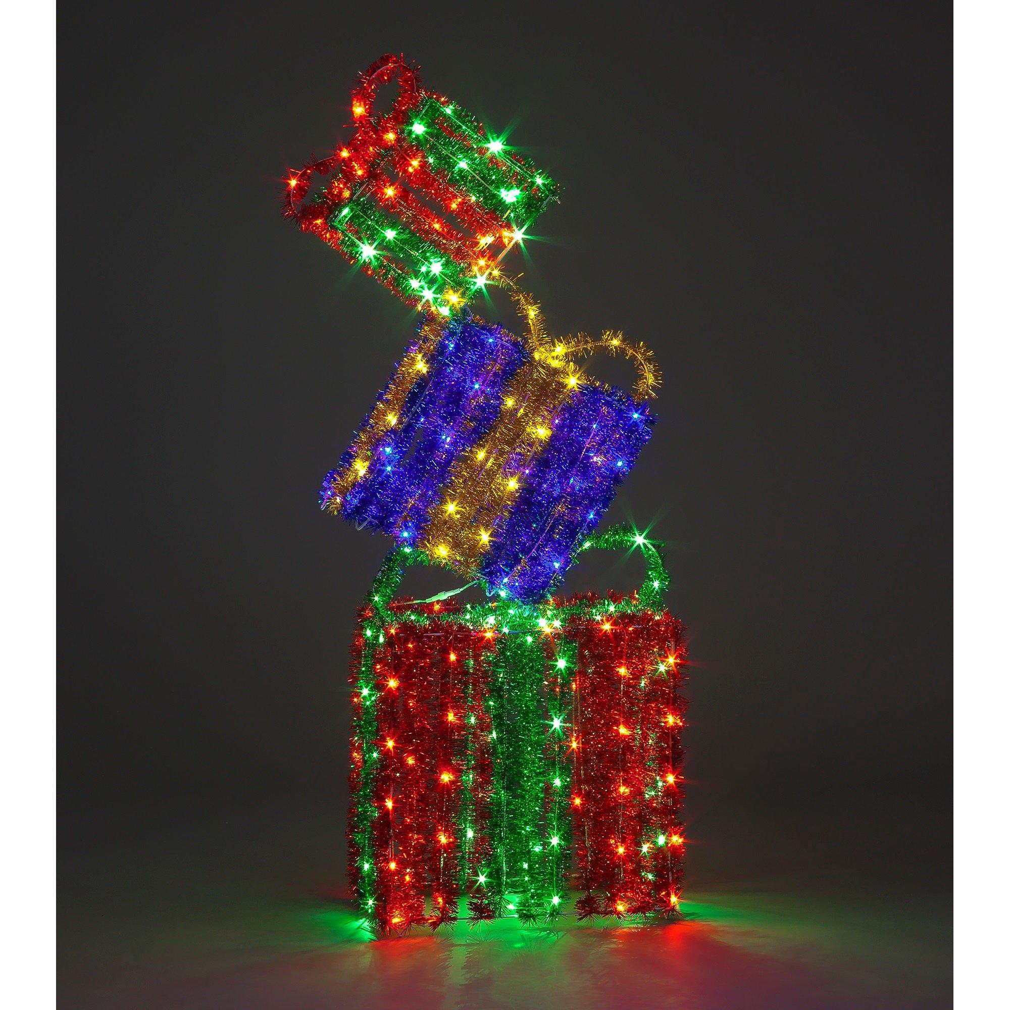 Multi - Snowtime - 1.5m LED Lit Tinsel Present Stack