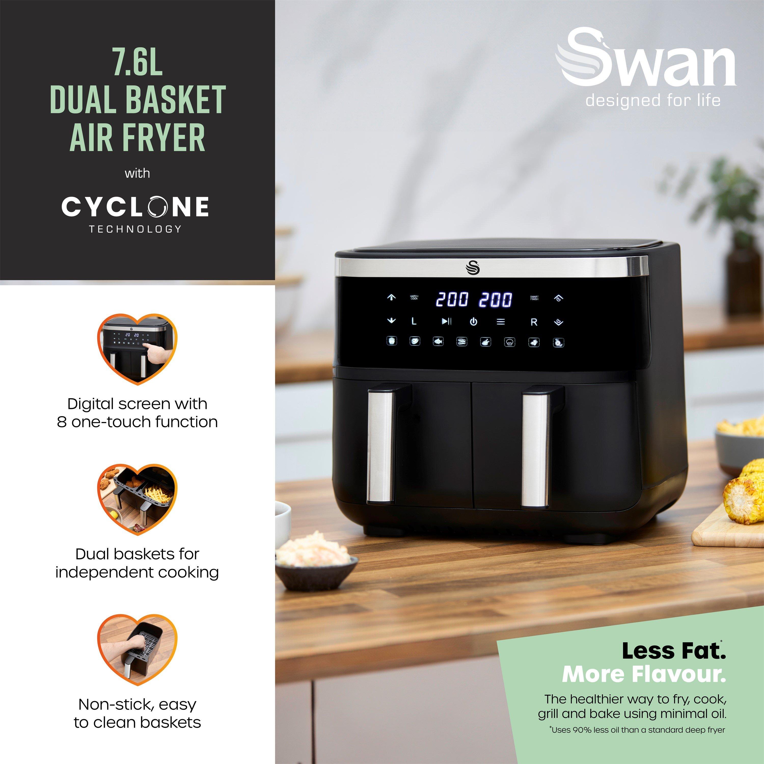 Black - Swan - 7.6L Cyclonic Dual Air Fryer Digital Black - 2