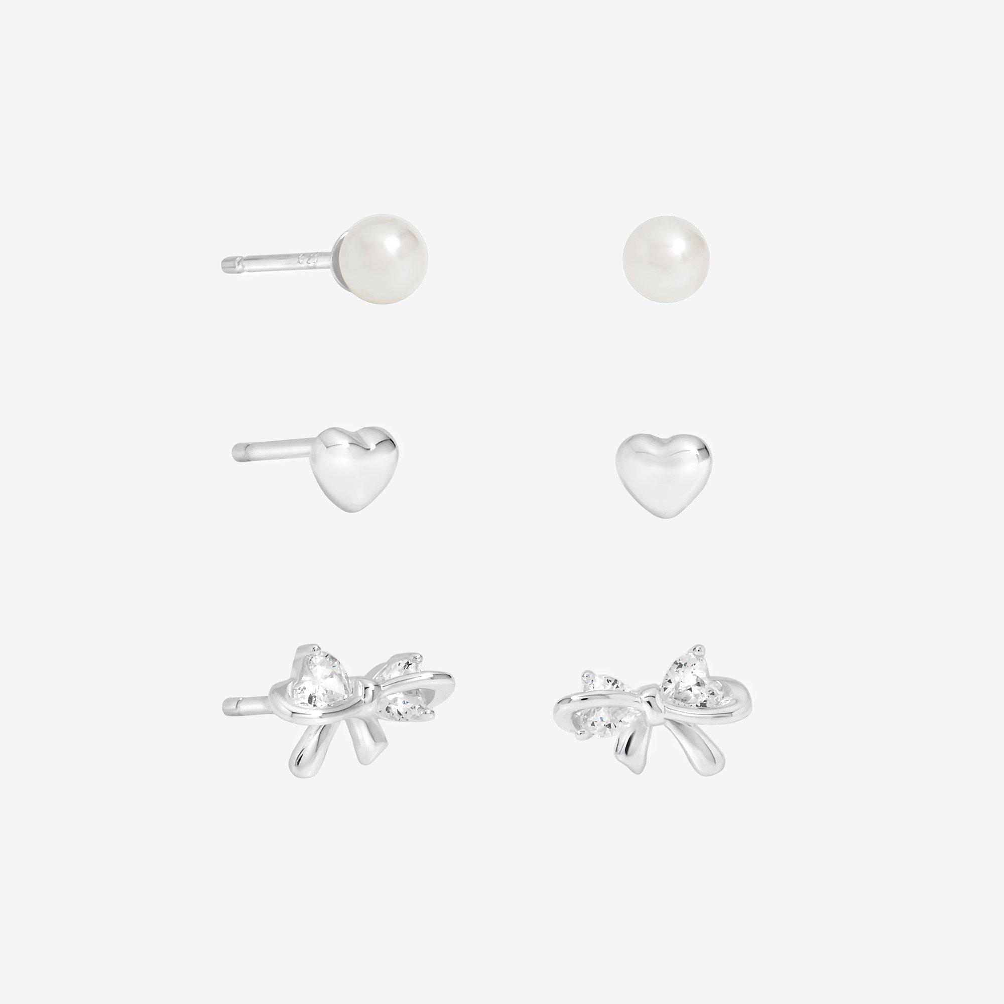 Simply Silver Sterling Silver 925 Pearl Bow Earrings - Pack of 3