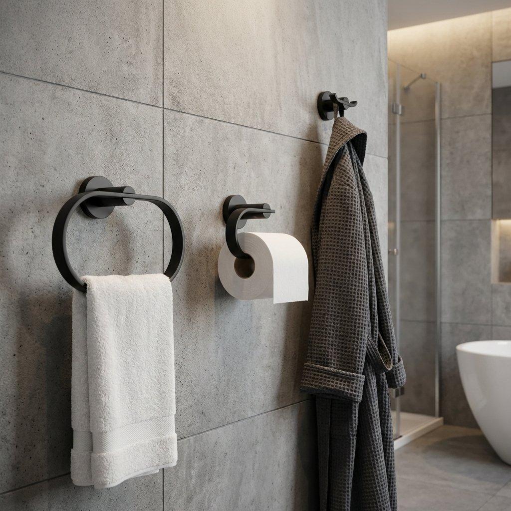 Black - Croydex - Metra 3pc Accessory Bundle - Toilet Roll Holder Towel Ring & Robe Hook - 1