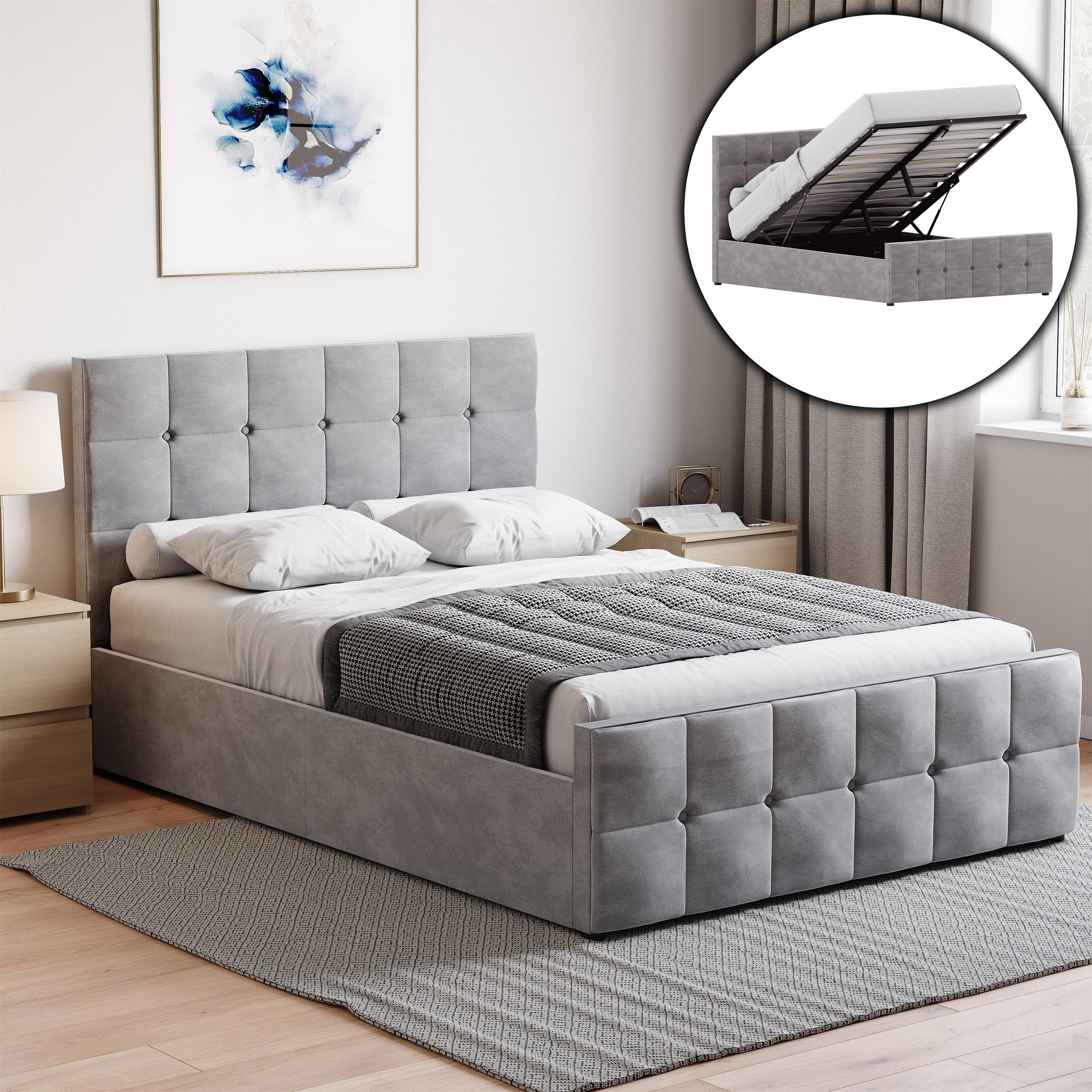 Light Grey Velv - Lassic - Valentina Double Ottoman Storage Bed & Mattress - 1
