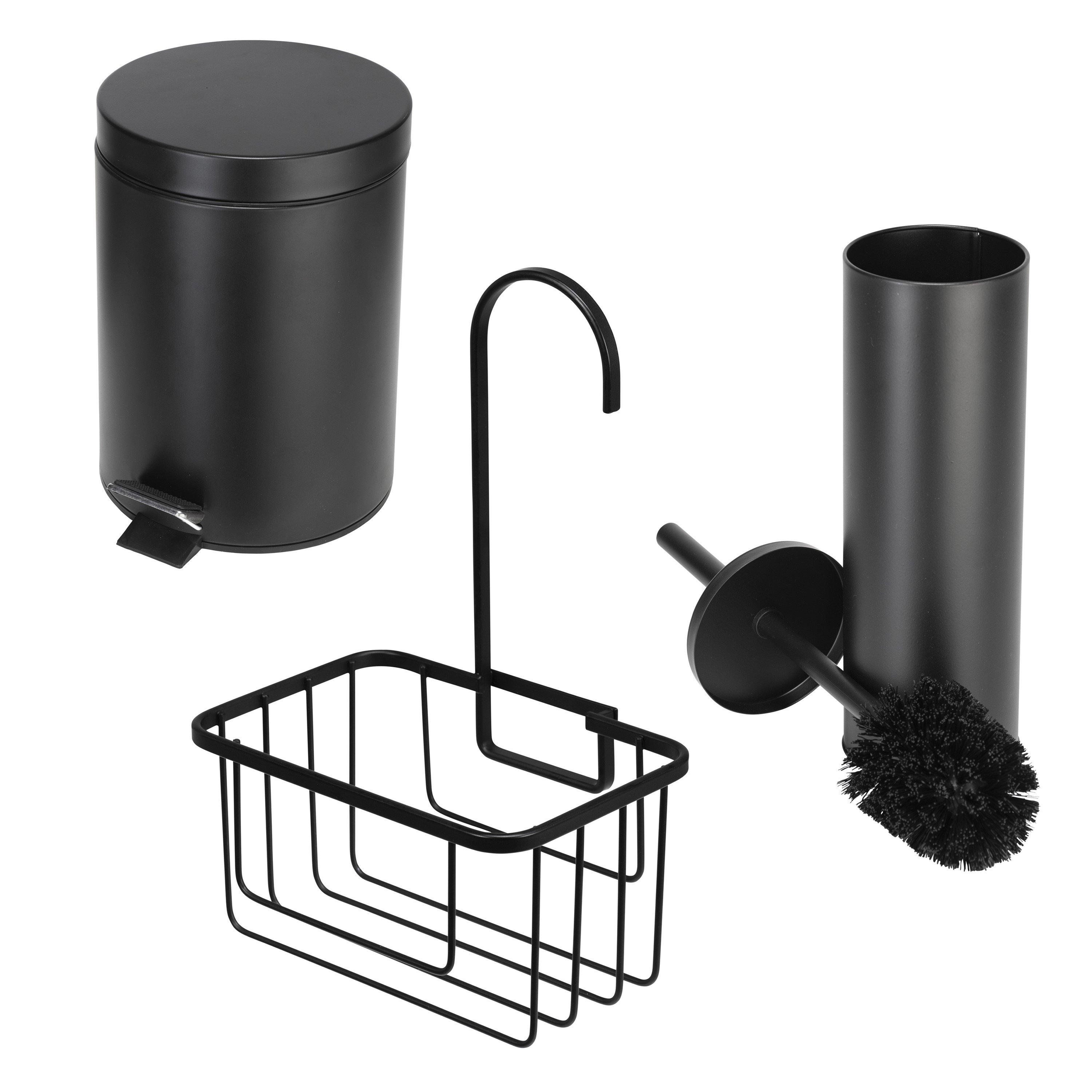 Black - Croydex - Black Bathroom Essential Set - 5L Pedal Bin Toilet Brush & Shower Caddy - 2