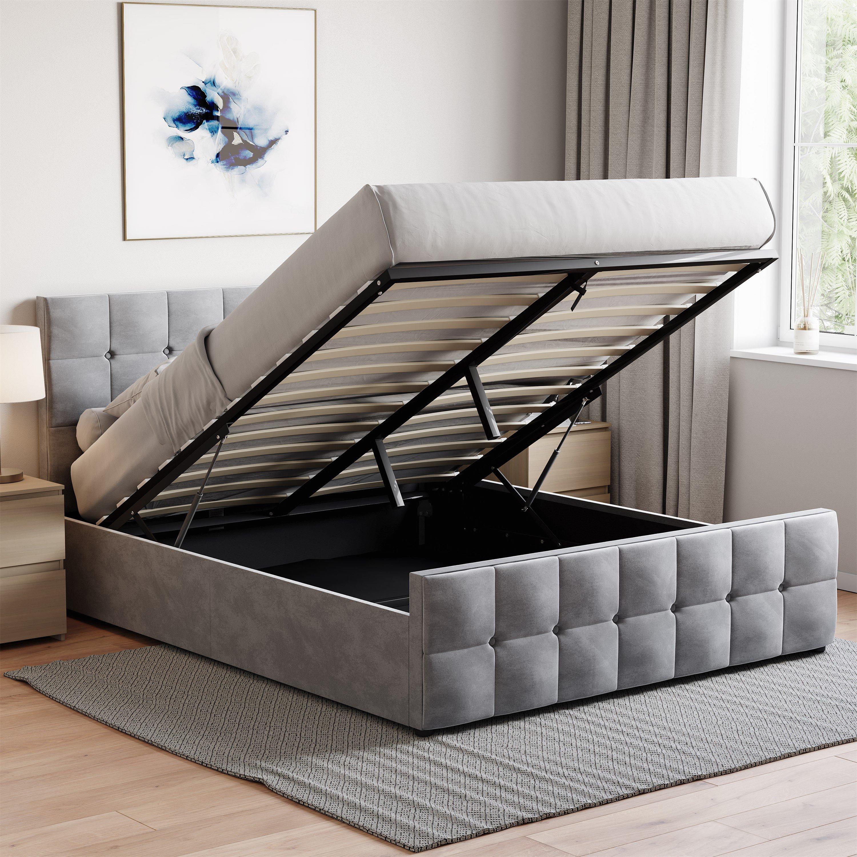 Light Grey Velv - Lassic - Valentina King Size Ottoman Bed & Mattress Set - 3
