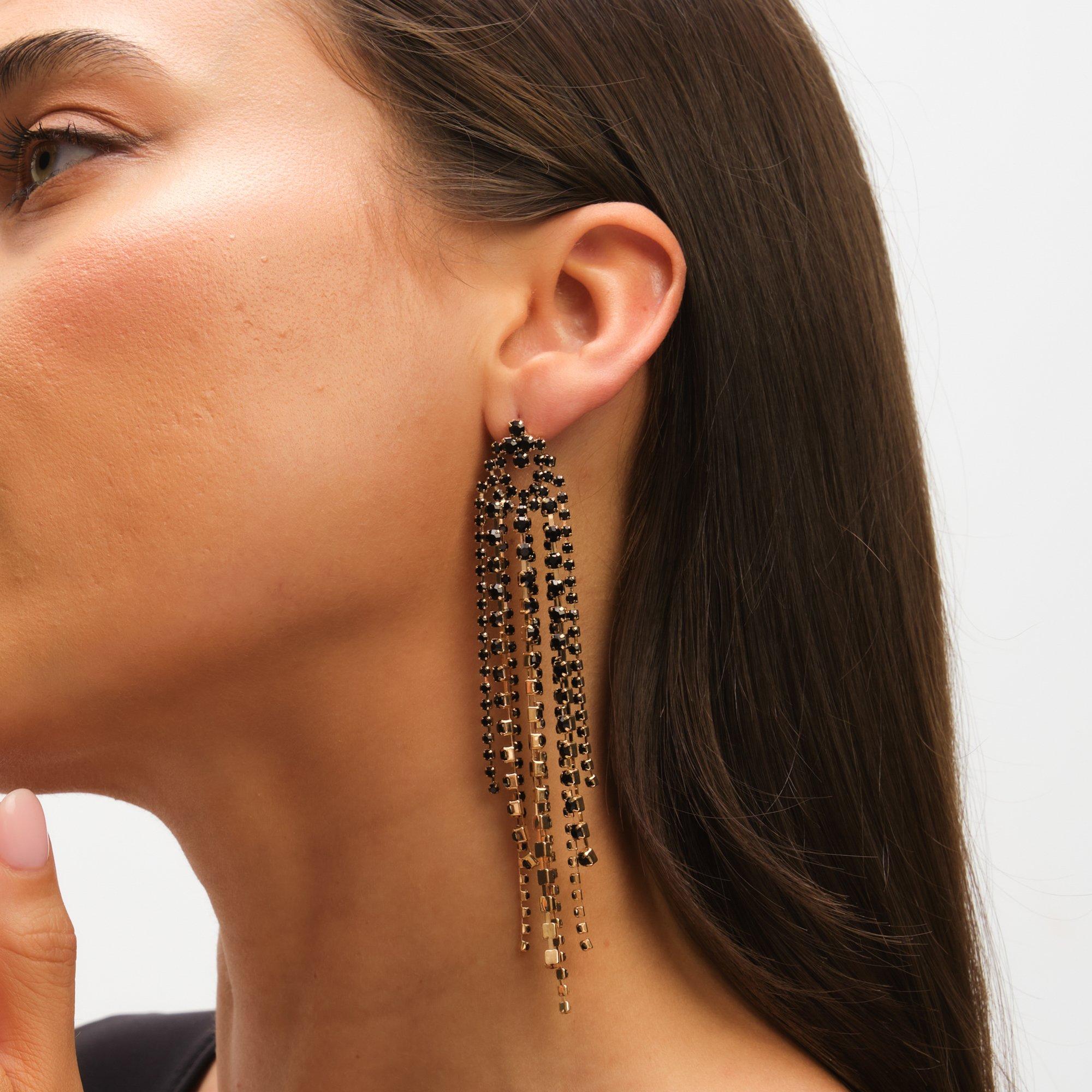 Black - Mood - Jet Crystal Multi Strand Long Statement Earrings - 2