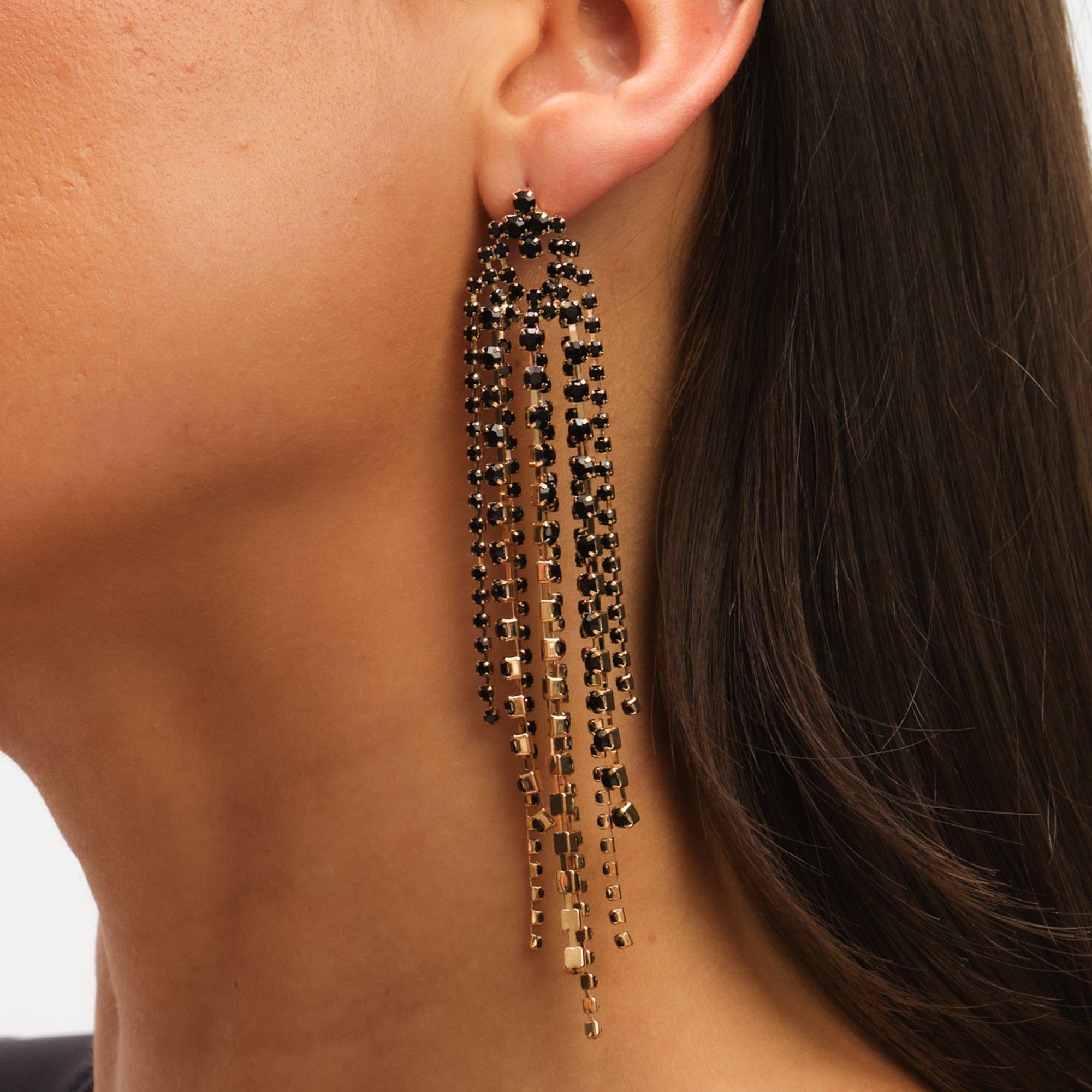 Black - Mood - Jet Crystal Multi Strand Long Statement Earrings - 3