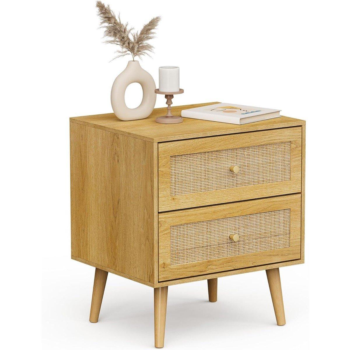 Beige - VonHaus - Sienna Rattan Bedside Table 2 Drawer - 1
