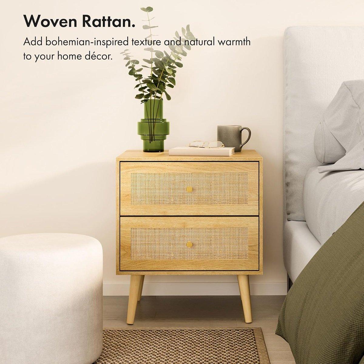 Beige - VonHaus - Sienna Rattan Bedside Table 2 Drawer - 4