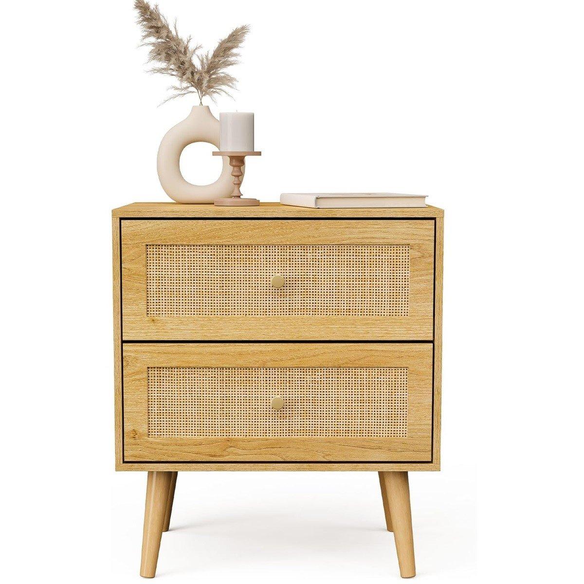 Beige - VonHaus - Sienna Rattan Bedside Table 2 Drawer - 7