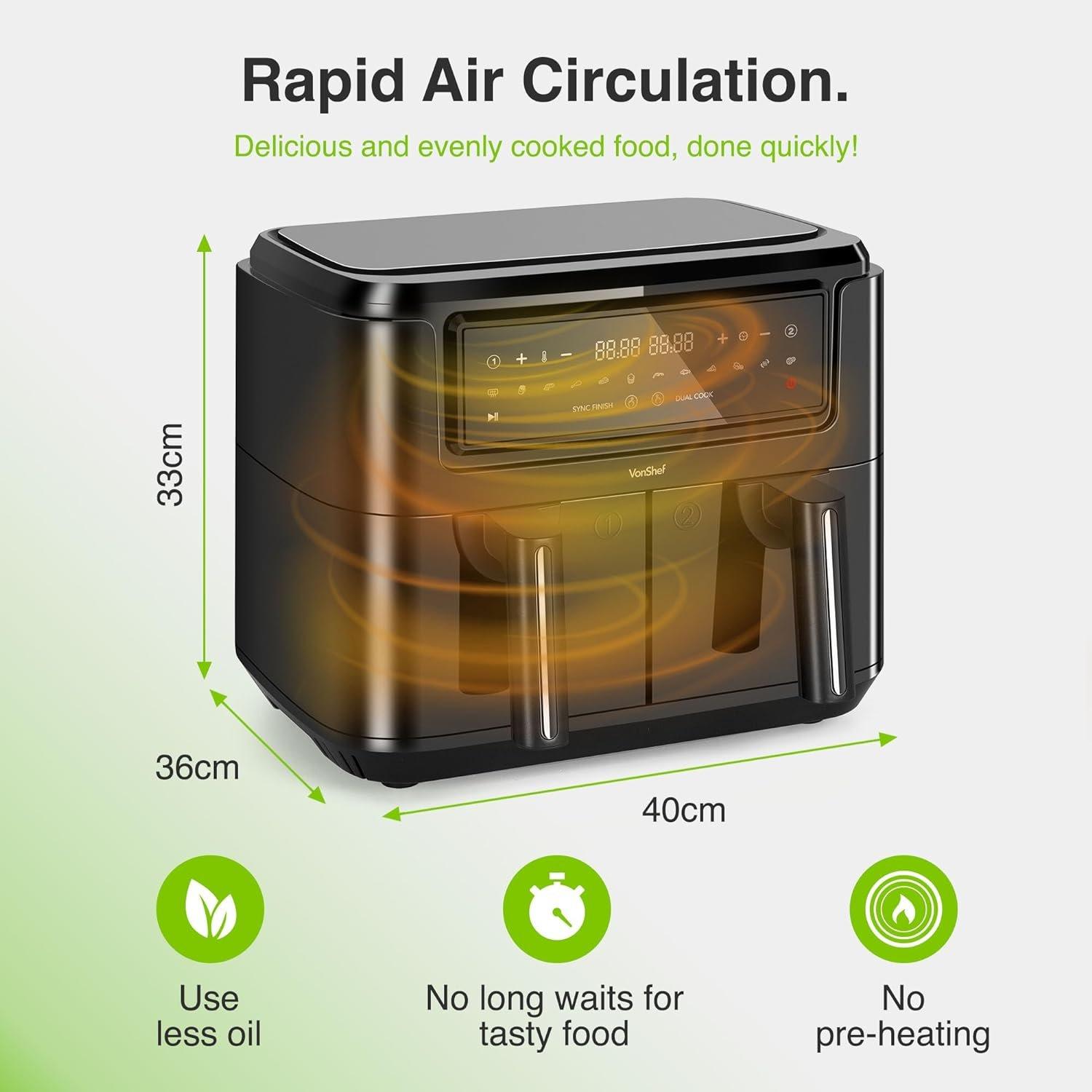 Black - VonShef - VonShef - 9L Dual Air Fryer with Liners - 4