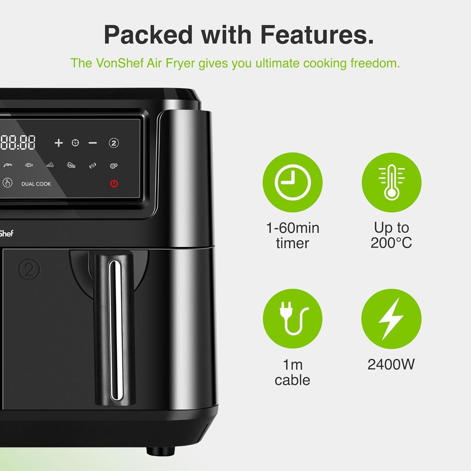 Black - VonShef - VonShef - 9L Dual Air Fryer with Liners - 6