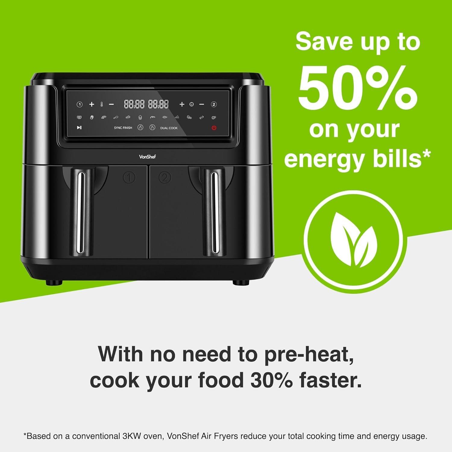 Black - VonShef - VonShef - 9L Dual Air Fryer with Liners - 8